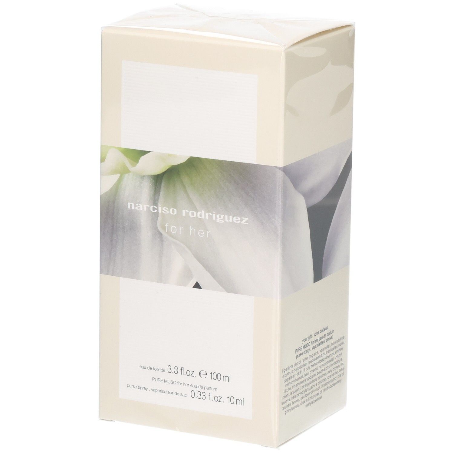 Boîte avec logo Narciso Rodriguez for her et motif floral. Contient 100ml Eau de Toilette et 10ml Pure Musc.