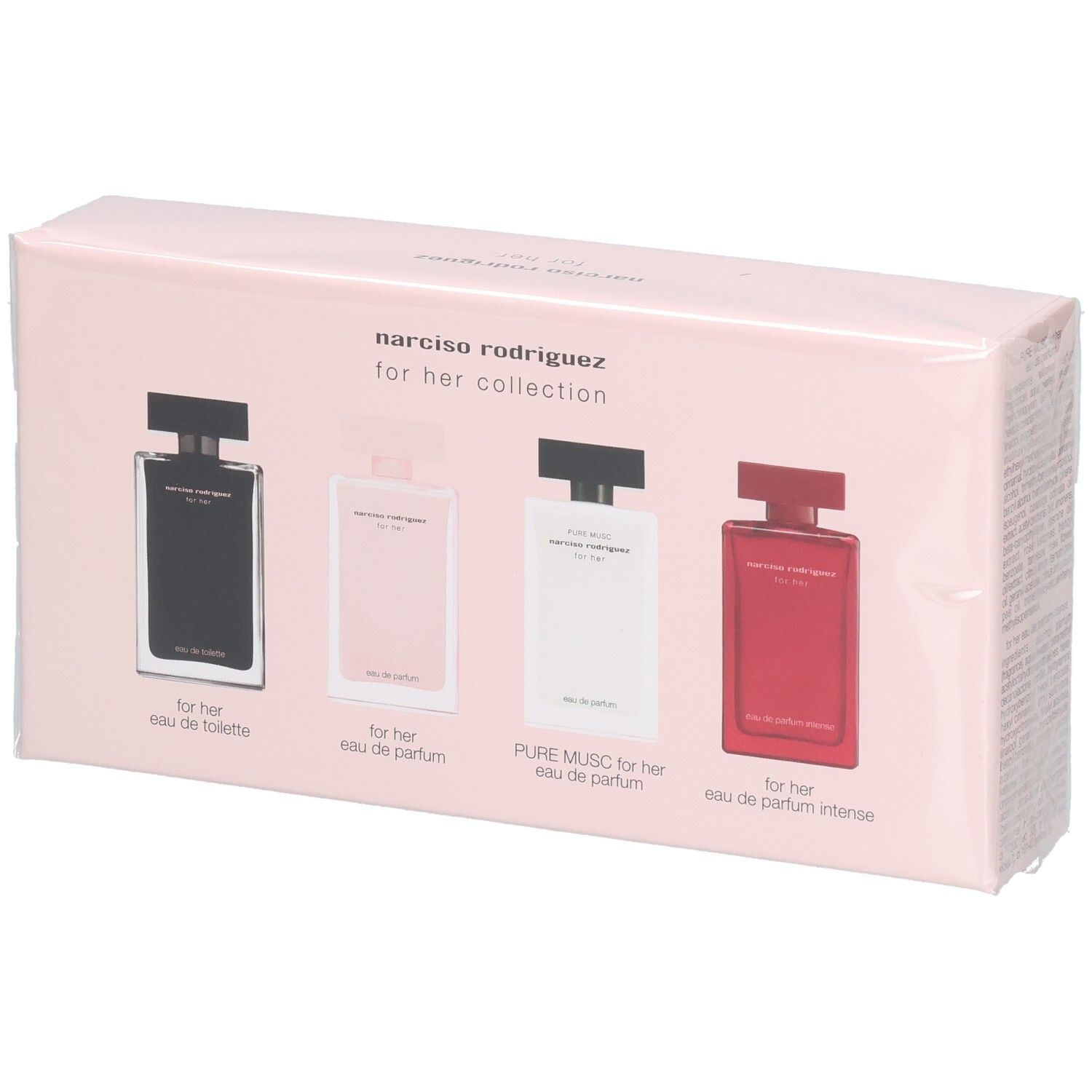 Narciso Rodriguez for Her Collection: vier Parfümflaschen in schwarzer, rosa, weißer und roter Verpackung.
