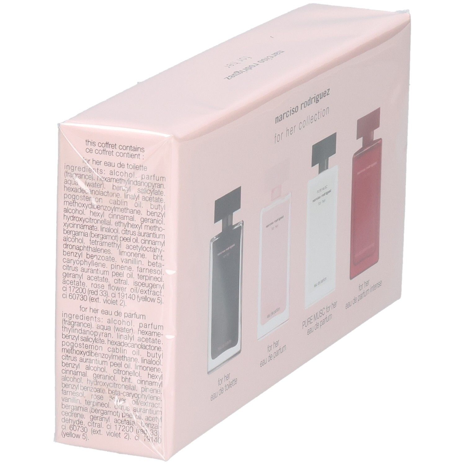 Narciso Rodriguez for Her Collection: Rückseite mit Inhaltsstoffen für Eau de Toilette und Eau de Parfum Intense.