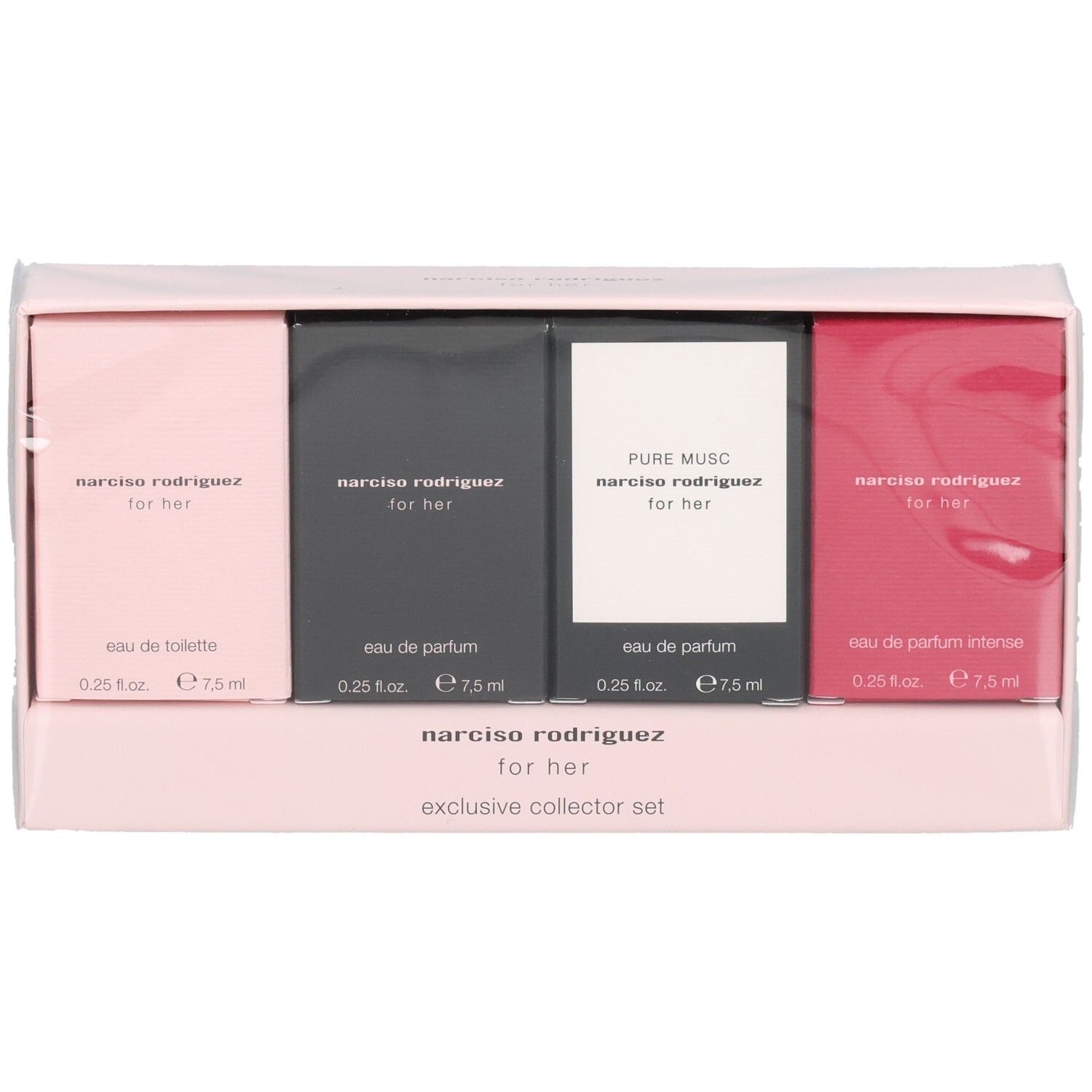Narciso Rodriguez for Her Collector Set: vier Parfümflakons in rosa, grau, weiß und rot.