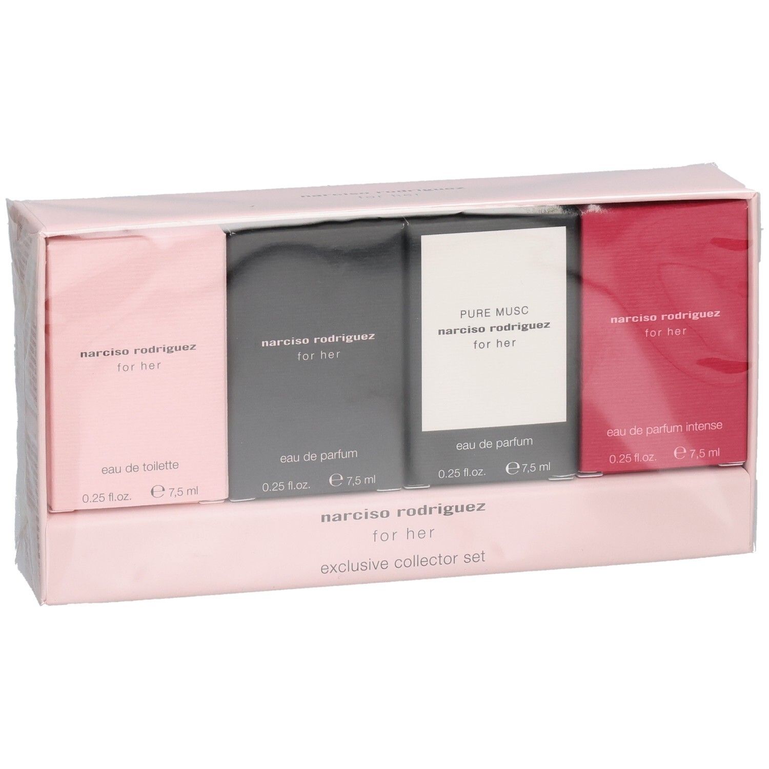 Narciso Rodriguez for Her Collector Set: vier Parfümflakons in rosa, grau, weiß und rot.