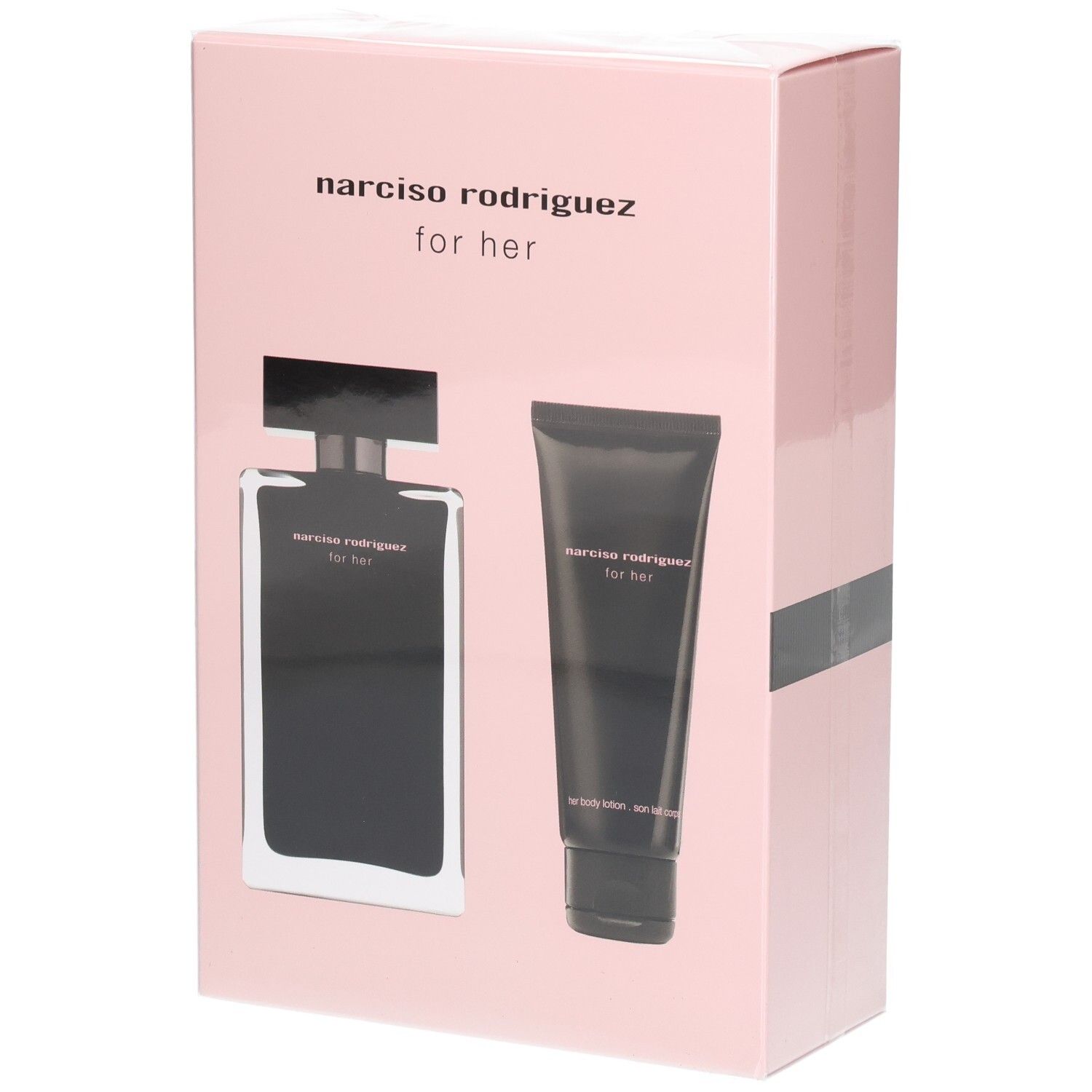 Narciso Rodriguez For Her Coffret: Eau de Toilette Flakon und Body Lotion Tube auf rosa Karton.
