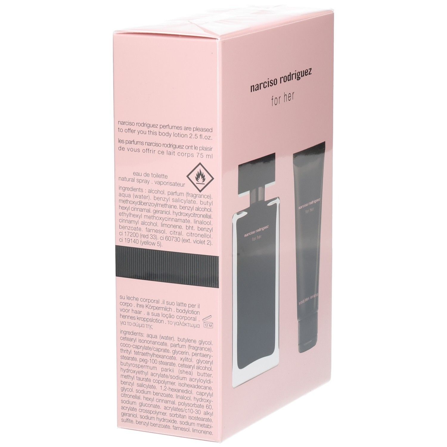 Rückseite der Narciso Rodriguez For Her Coffret Verpackung mit Produktinformationen und Inhaltsstoffen.