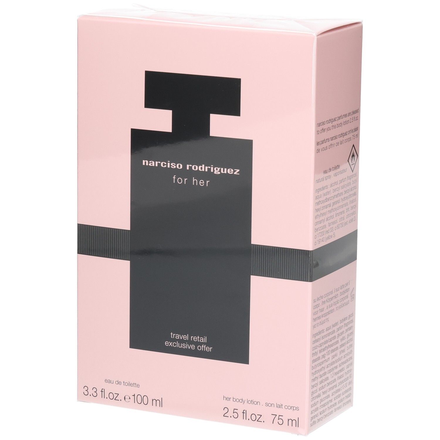 Narciso Rodriguez For Her Coffret: Eau de Toilette 100ml und Body Lotion 75ml auf rosa Karton.