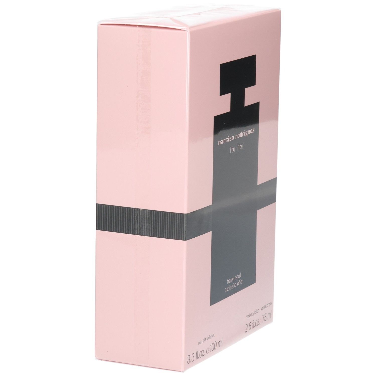 Seite der Narciso Rodriguez For Her Coffret Verpackung mit Produktabbildung und Text.