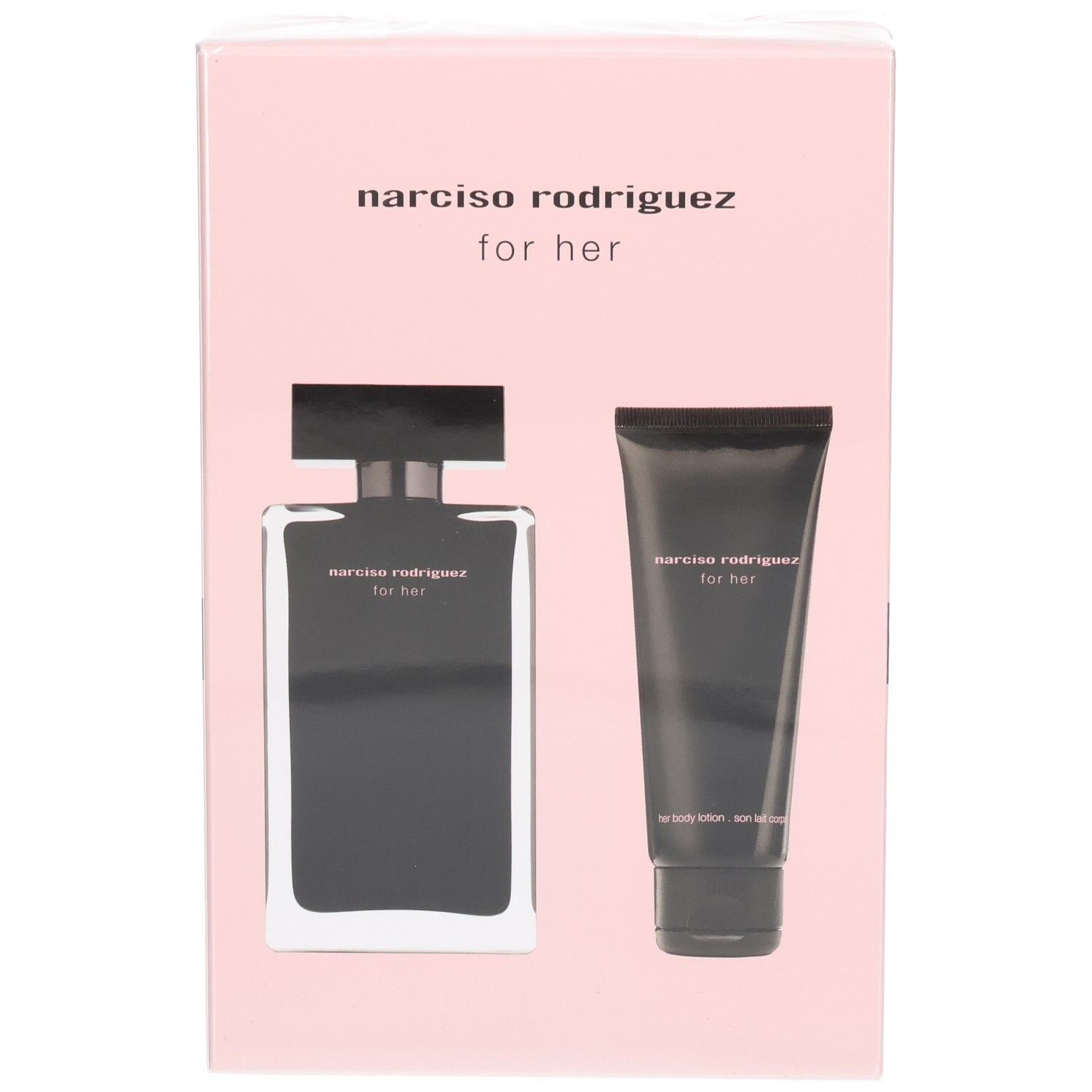 Narciso Rodriguez For Her Coffret: Eau de Toilette Flakon und Body Lotion Tube auf rosa Karton.