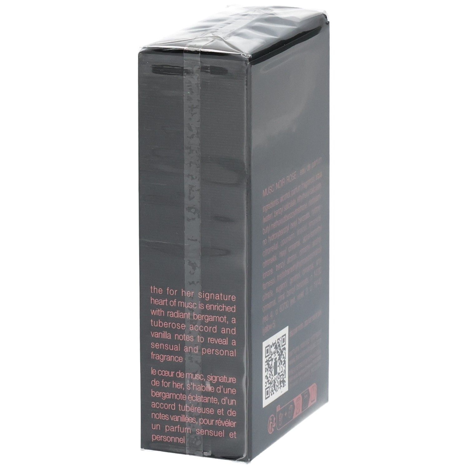 Vue latérale de la boîte Narciso Rodriguez For Her Musc Noir Rose Eau de Parfum avec description.