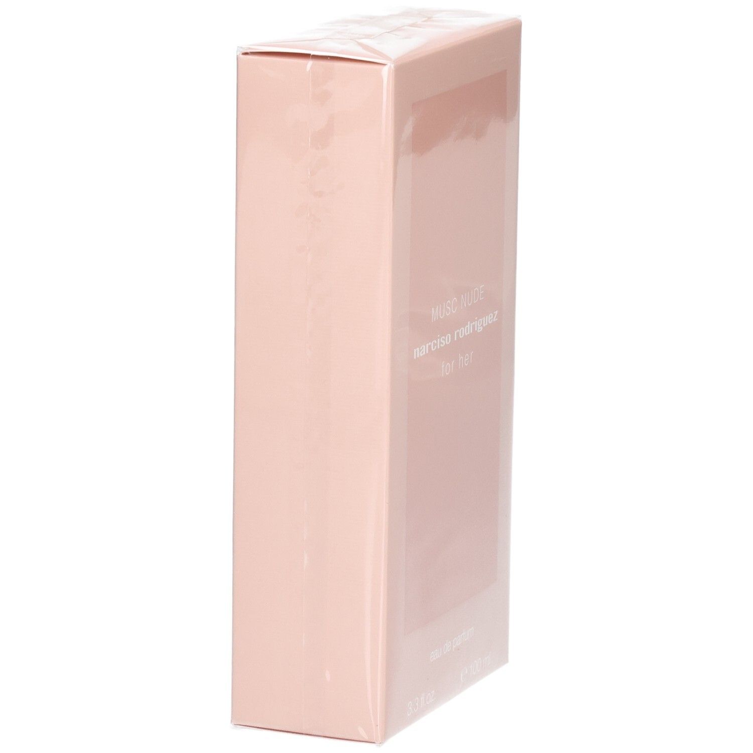 Seitenansicht der Verpackung von Narciso Rodriguez For Her Musc Nude Eau de Parfum.
