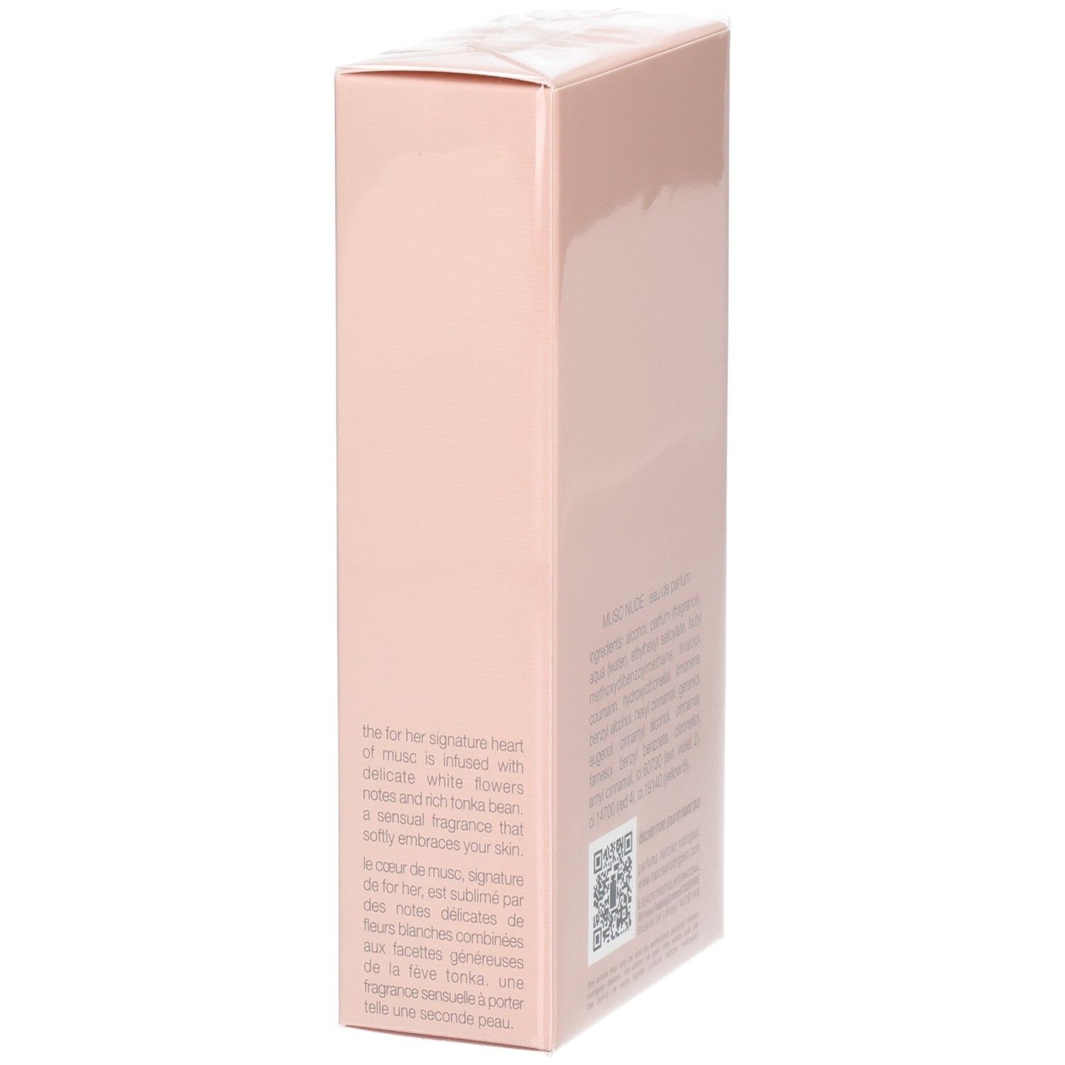 Seitenansicht der Verpackung mit Beschreibung des Duftes von Narciso Rodriguez For Her Musc Nude.
