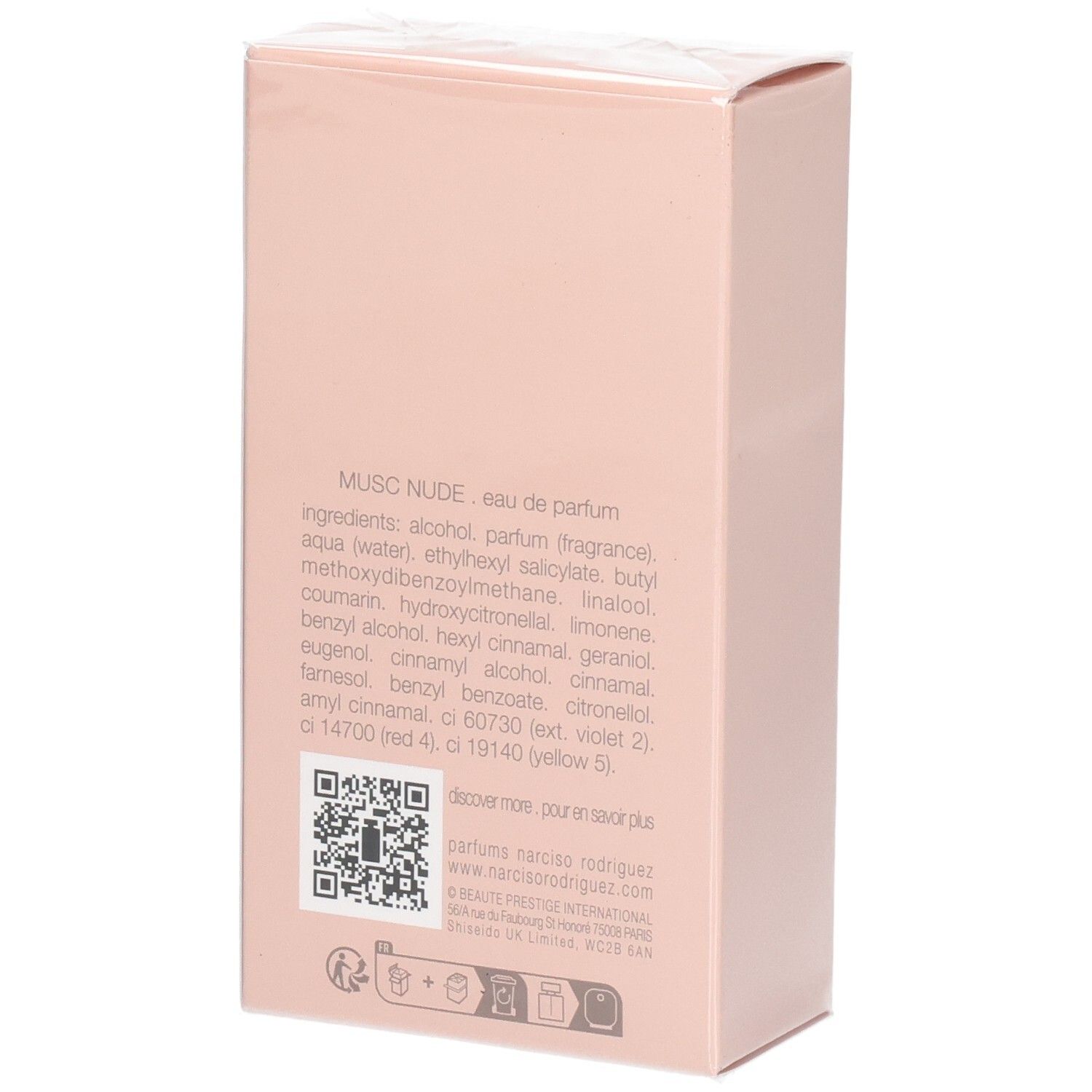 Arrière de la boîte avec ingrédients et code QR pour Narciso Rodriguez For Her Musc Nude Eau de Parfum.