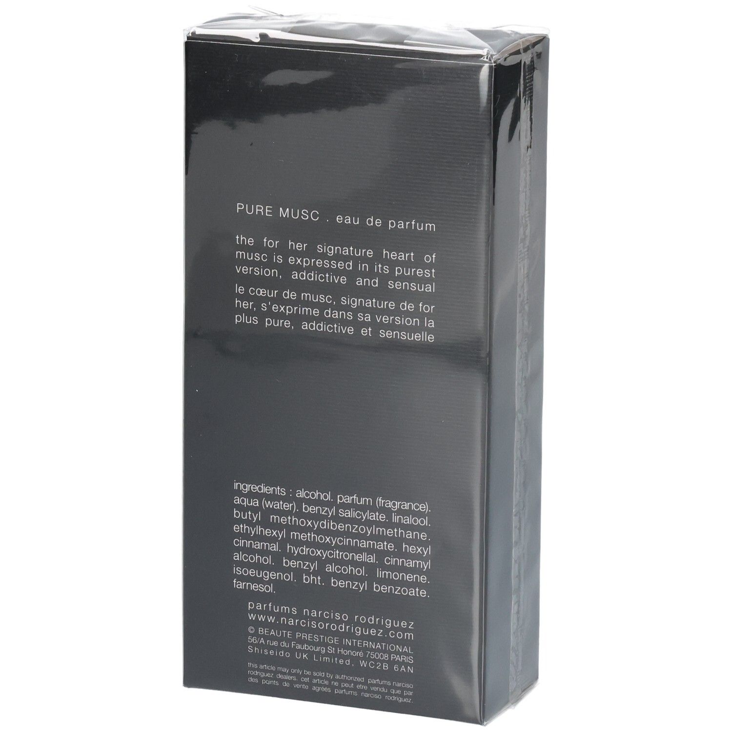 Arrière de la boîte Narciso Rodriguez For Her Pure Musc Eau de Parfum avec ingrédients.