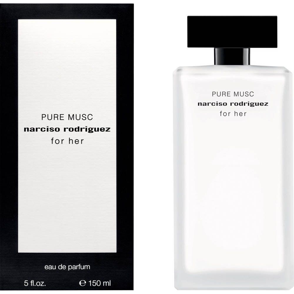Narciso Rodriguez Pure Musc for her Eau de Parfum Flakon und Verpackung, 150 ml.
