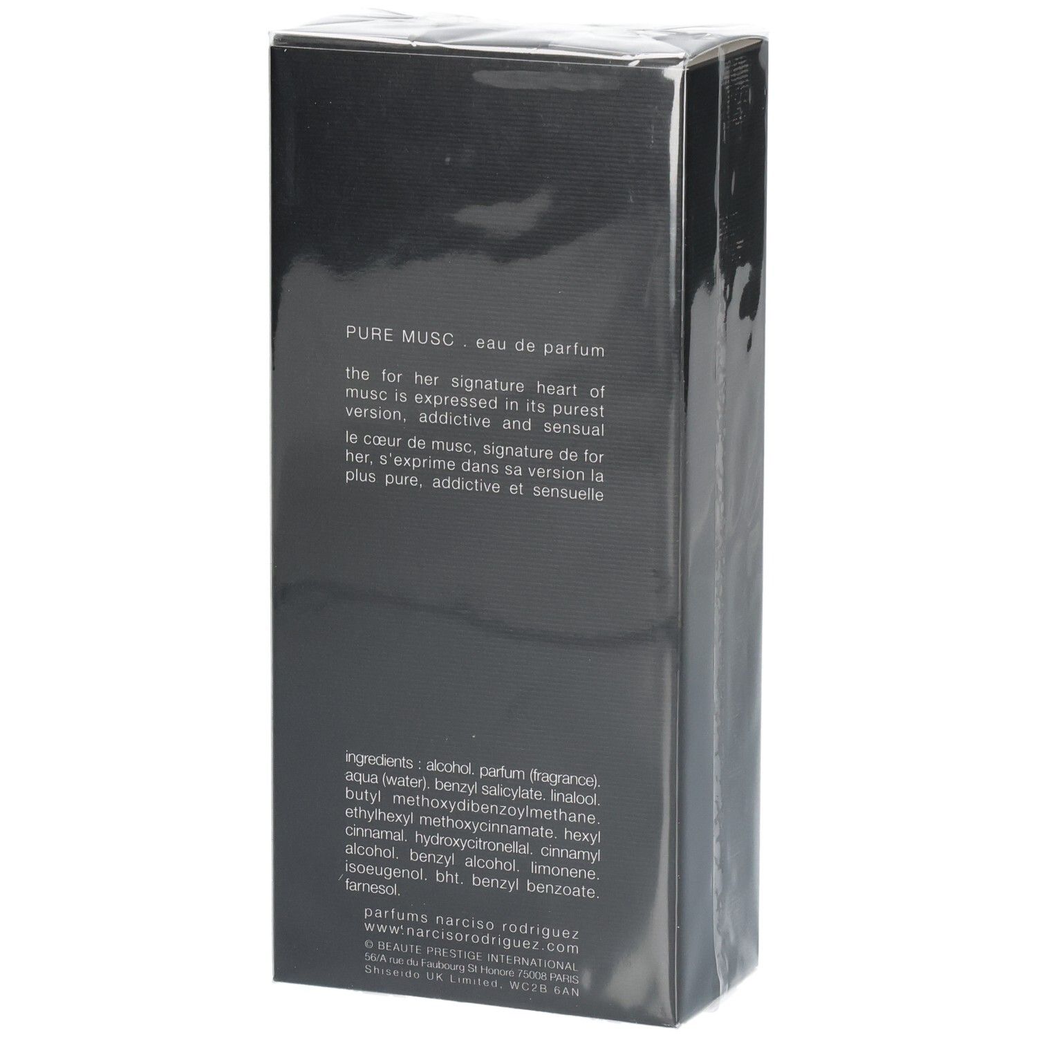 Verpackung von 'Pure Musc Eau de Parfum' mit Produktinformationen und Inhaltsstoffen.