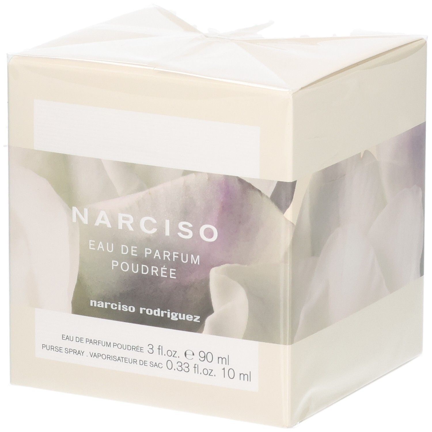 Verpackung mit Narciso Rodriguez Eau de Parfum Poudrée 90 ml und 10 ml Purse Spray.