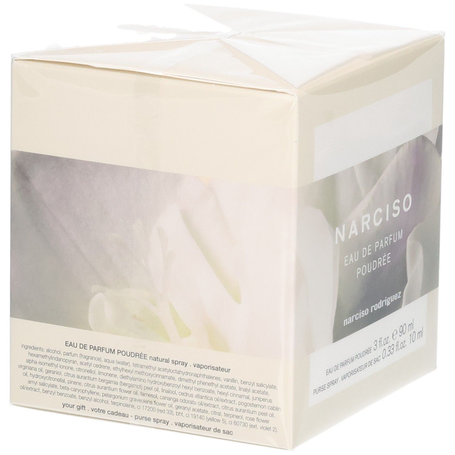 Rückseite der Verpackung mit Narciso Rodriguez Eau de Parfum Poudrée 90 ml und 10 ml Purse Spray.