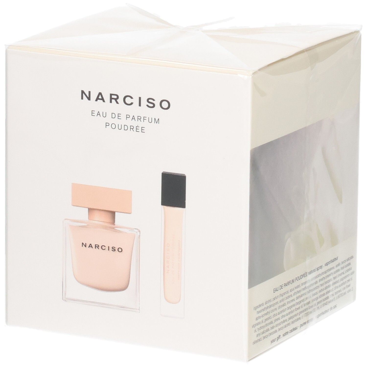Verpackung mit Narciso Rodriguez Eau de Parfum Poudrée Flakon und Purse Spray.