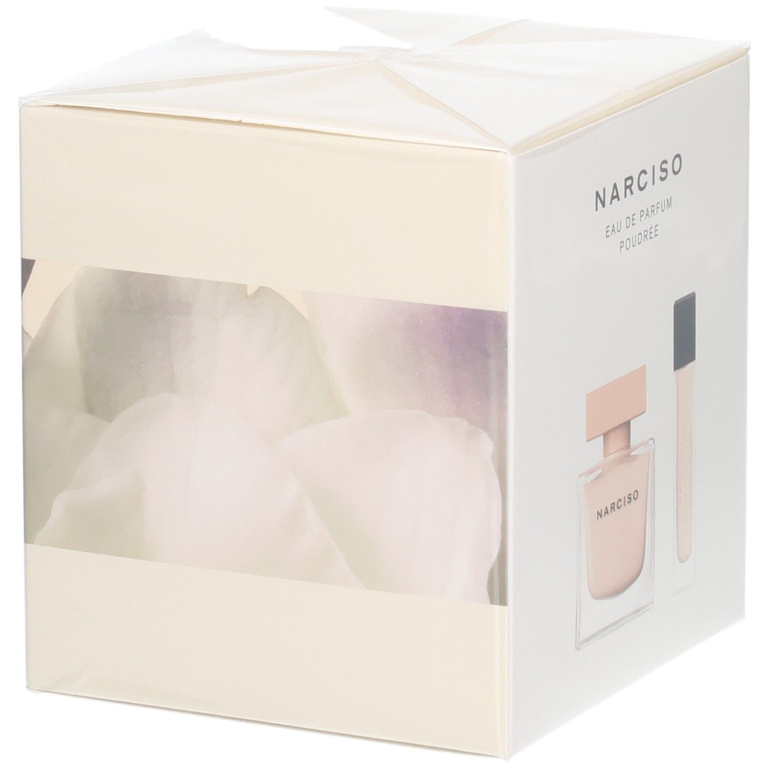 Verpackung mit Sichtfenster auf Narciso Rodriguez Eau de Parfum Poudrée und Purse Spray.