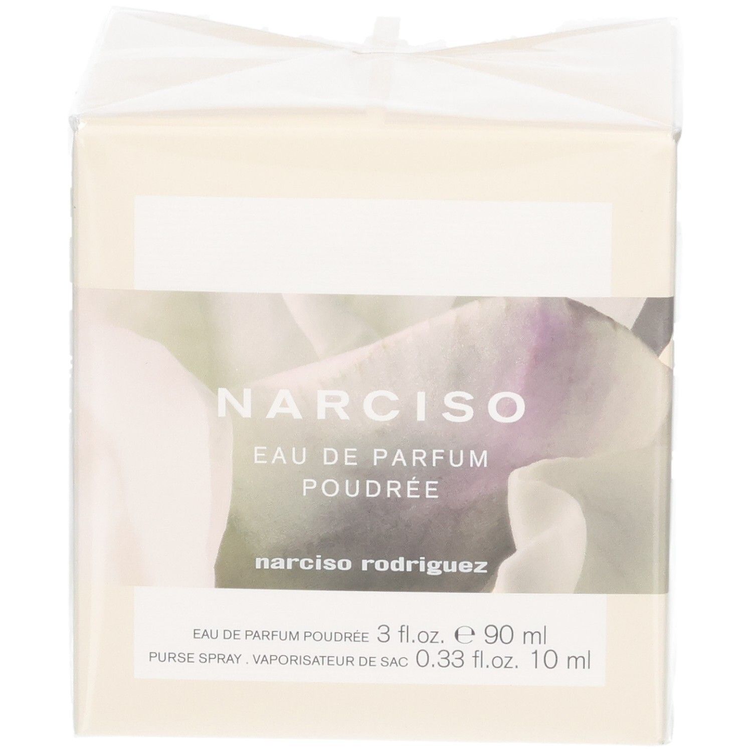Vorderseite der Verpackung mit Narciso Rodriguez Eau de Parfum Poudrée 90 ml und 10 ml Purse Spray.