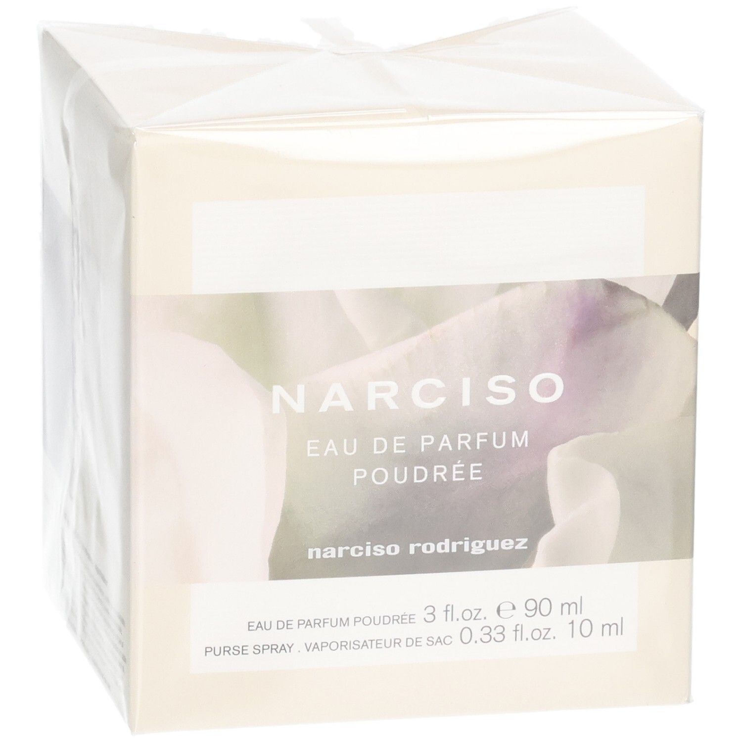 Verpackung mit Narciso Rodriguez Eau de Parfum Poudrée 90 ml und 10 ml Purse Spray.