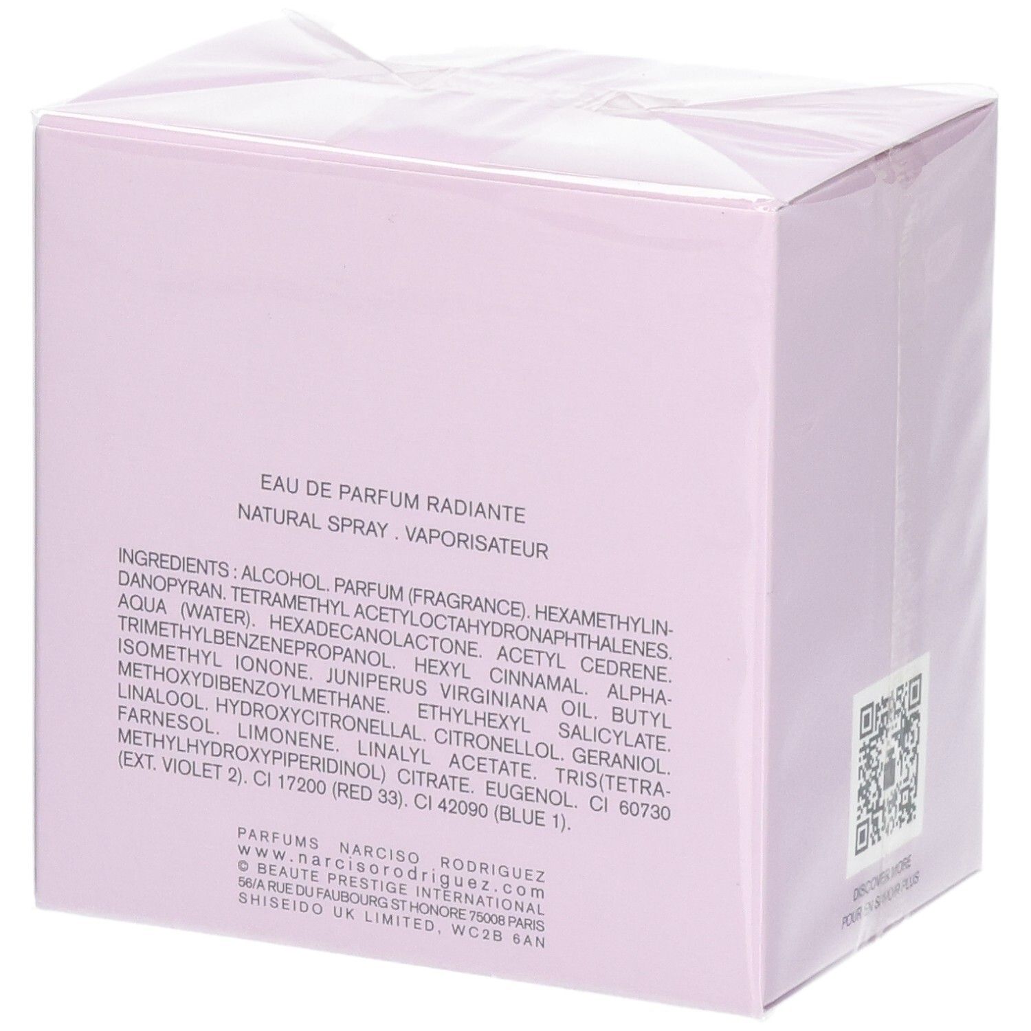 Vue latérale de la boîte Narciso Rodriguez Narciso Radiante Eau de Parfum avec ingrédients.