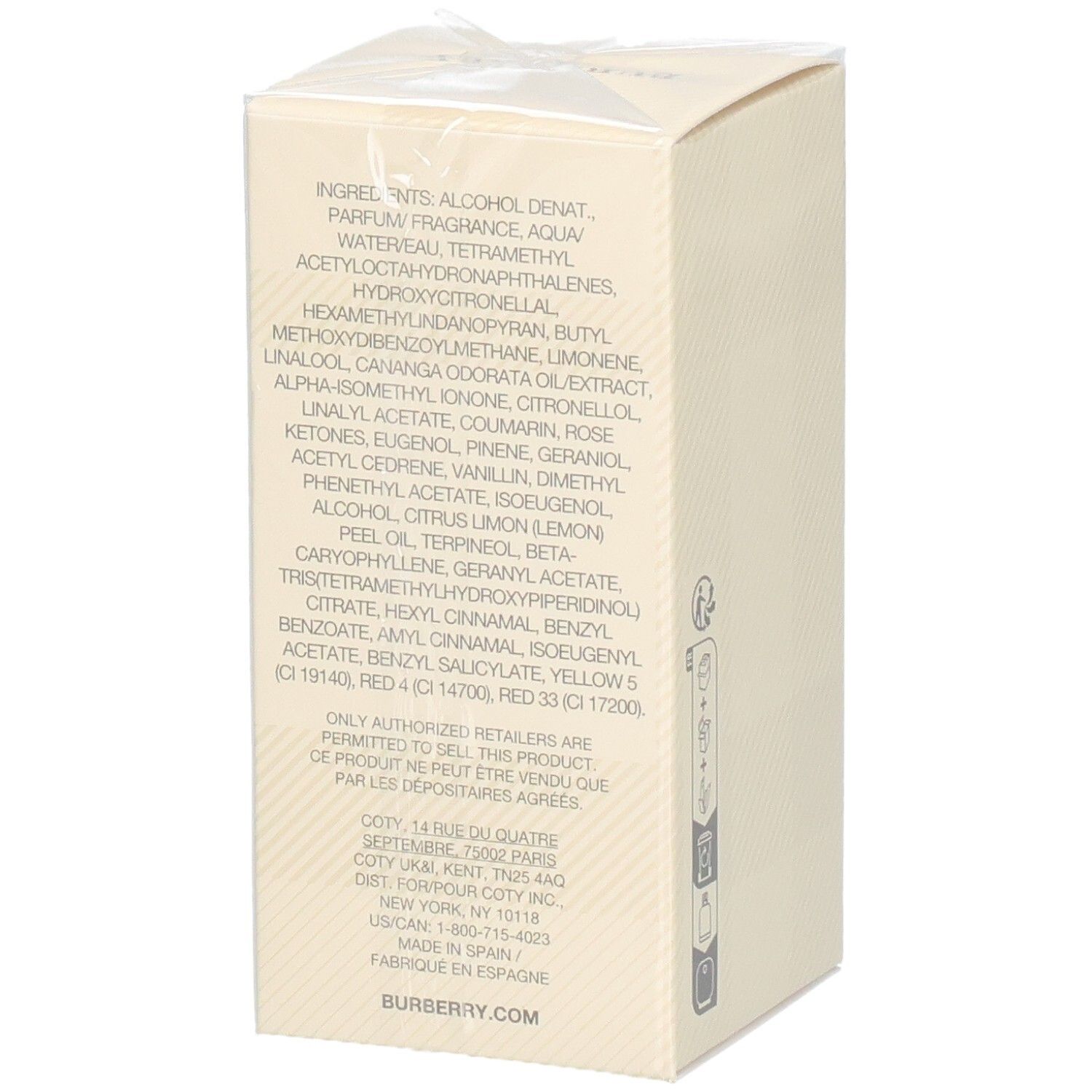 Beige Parfümverpackung mit Inhaltsstoffliste und Burberry.com-Website.