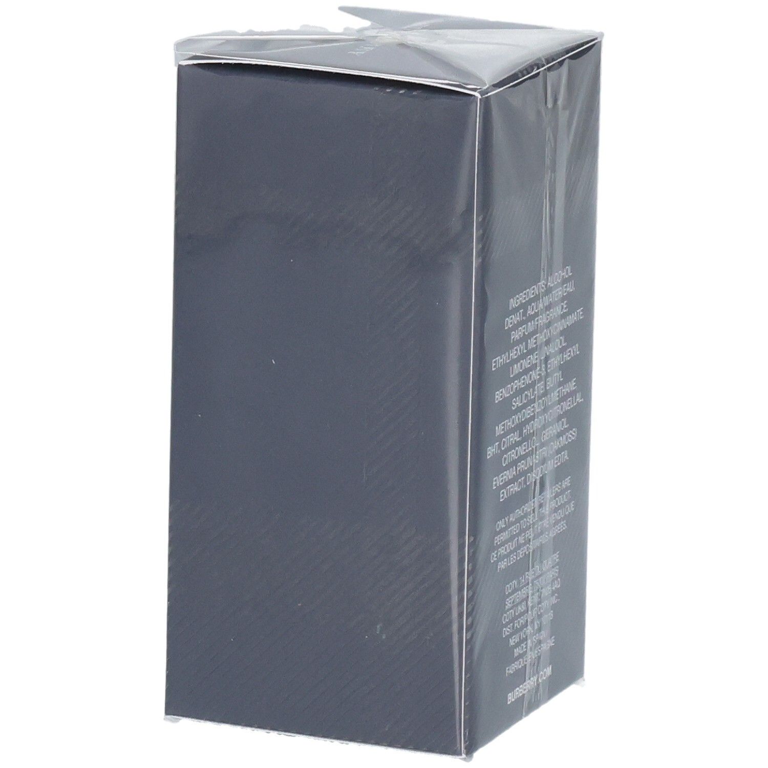 Dunkelgraue Verpackung mit Textaufdruck auf der Seite.