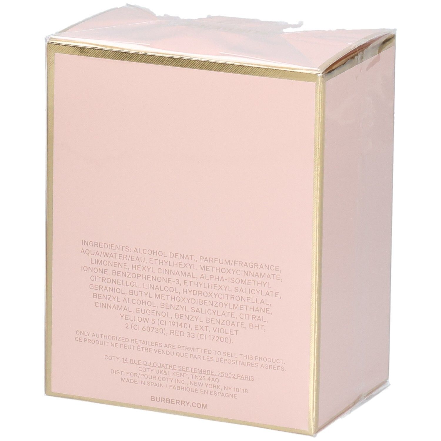 Rosa Parfümbox mit goldener Umrandung und Inhaltsstoffen.