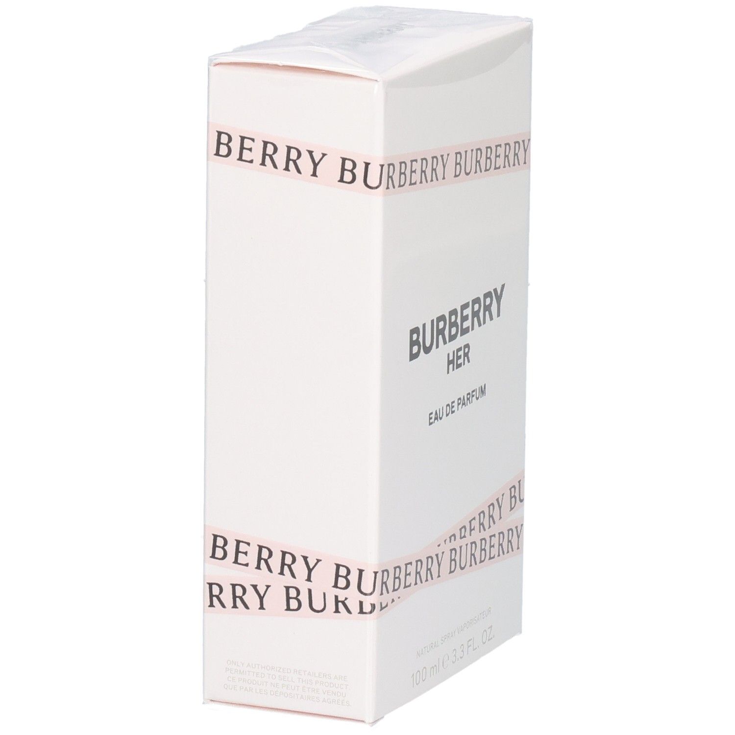 Weiße Verpackung für Burberry Her Eau de Parfum mit rosa Band und Markenlogo.
