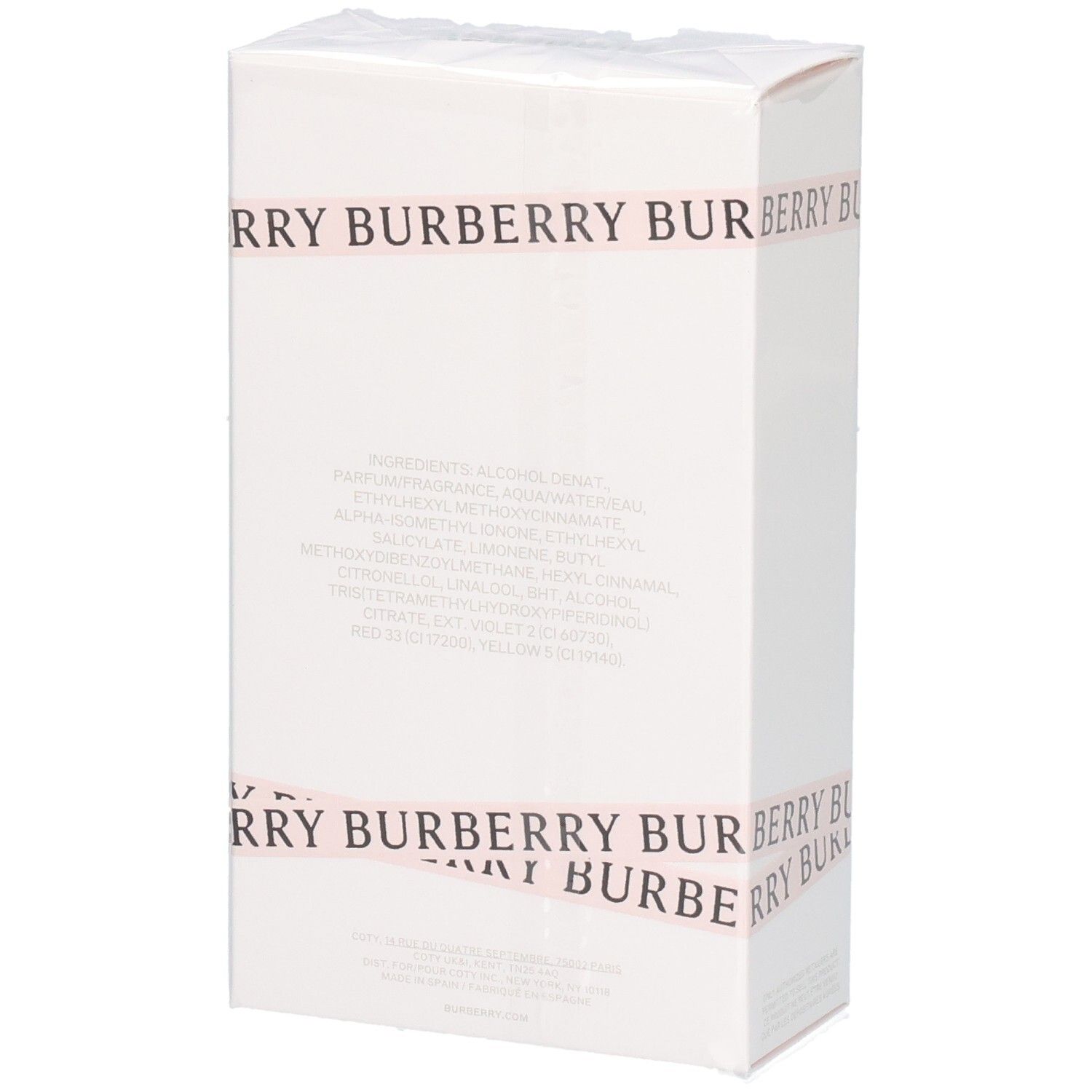 Weiße Verpackung mit rosa Burberry Schriftzug. Enthält Inhaltsstoffliste.