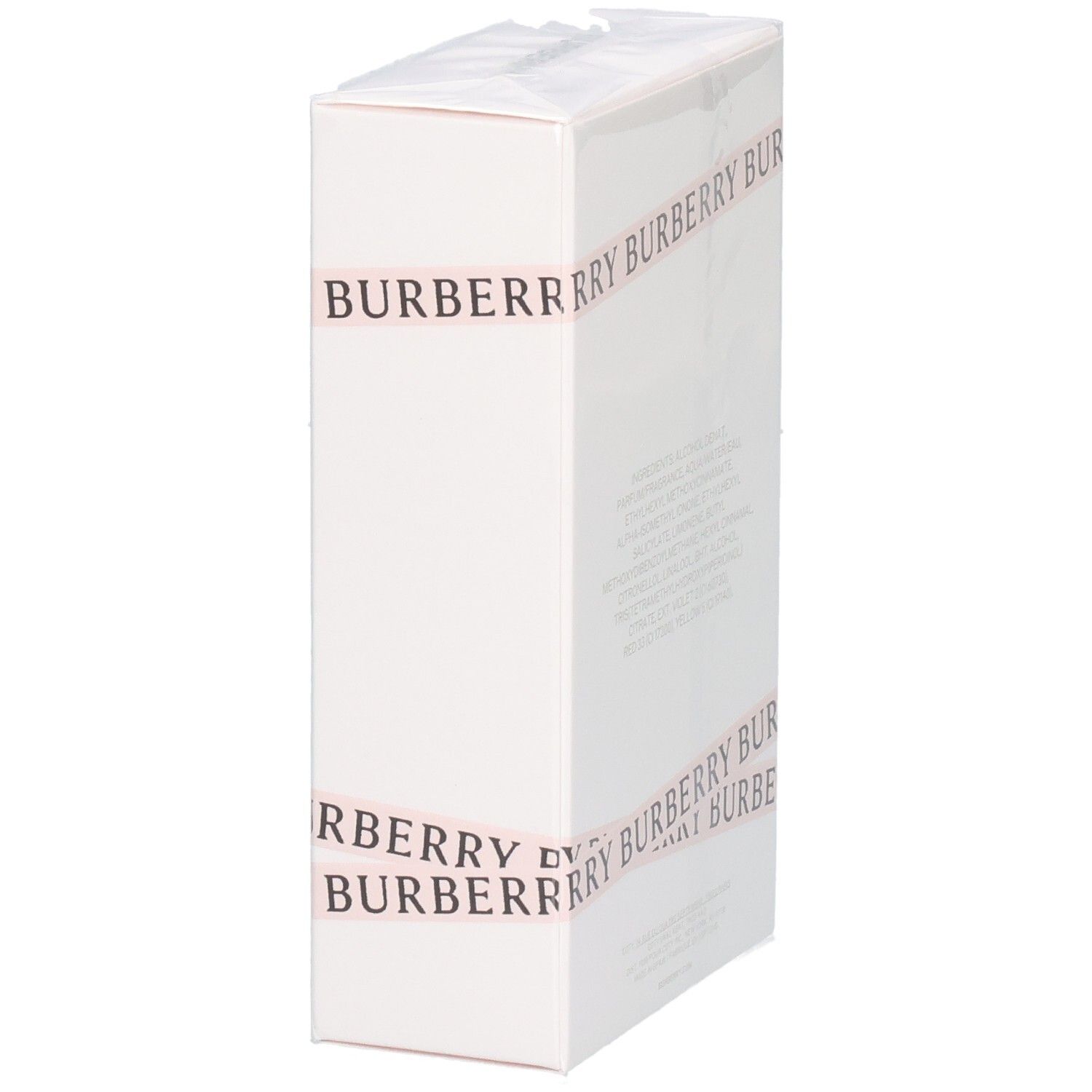 Weiße rechteckige Verpackung mit Burberry-Schriftzug auf rosa Band.