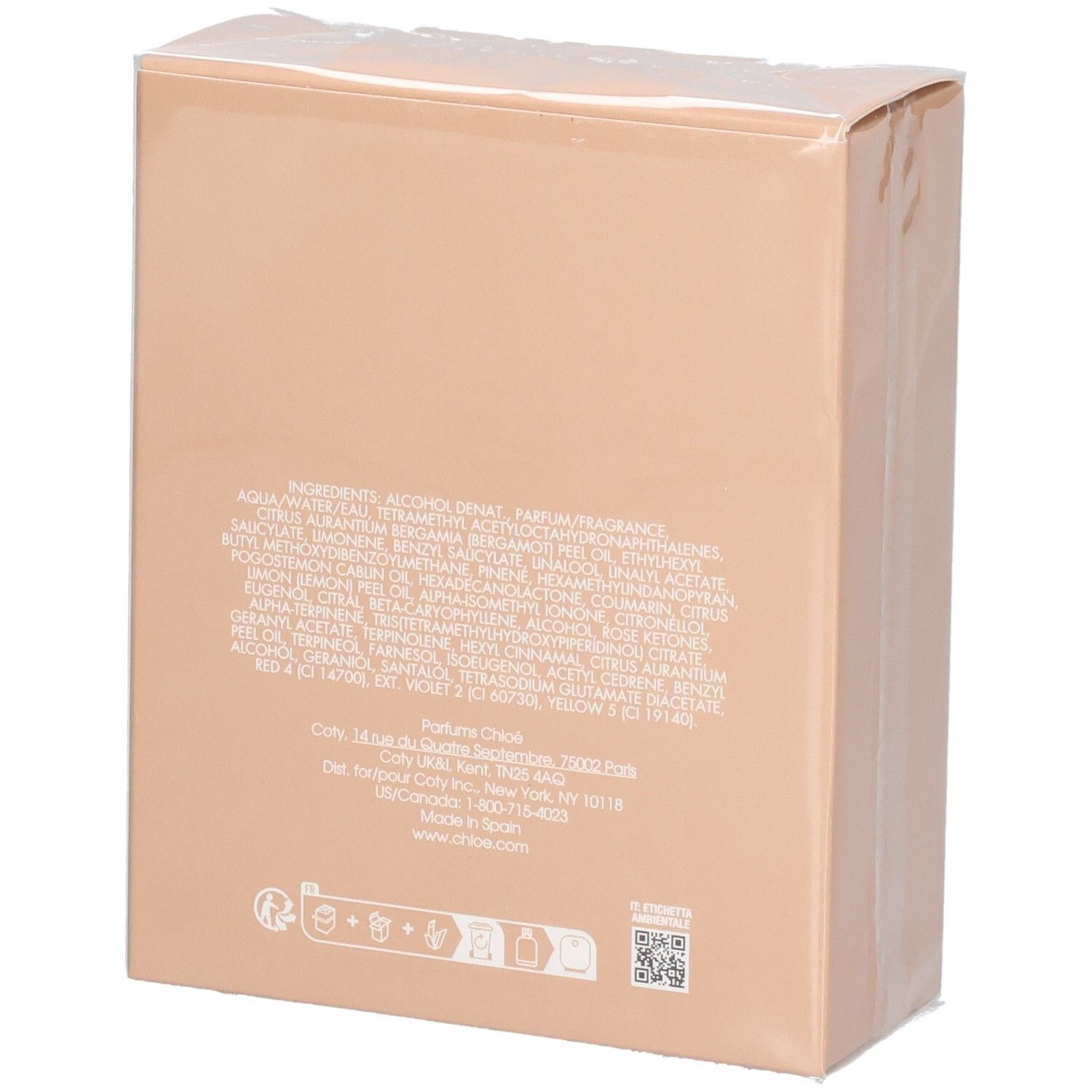 Parfüm-Box mit Inhaltsstoffliste und Symbolen. Beige Kartonverpackung, in Folie eingeschweißt.
