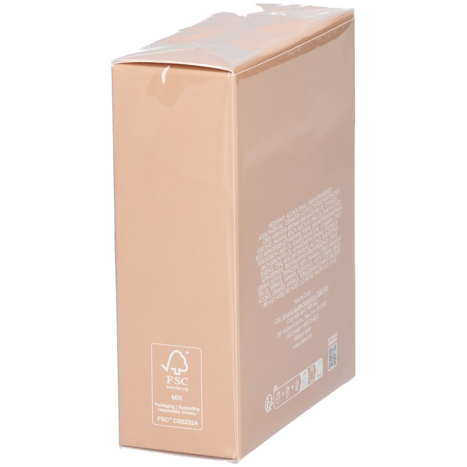 Beige Produktverpackung mit FSC-Siegel und weißen Textinformationen.