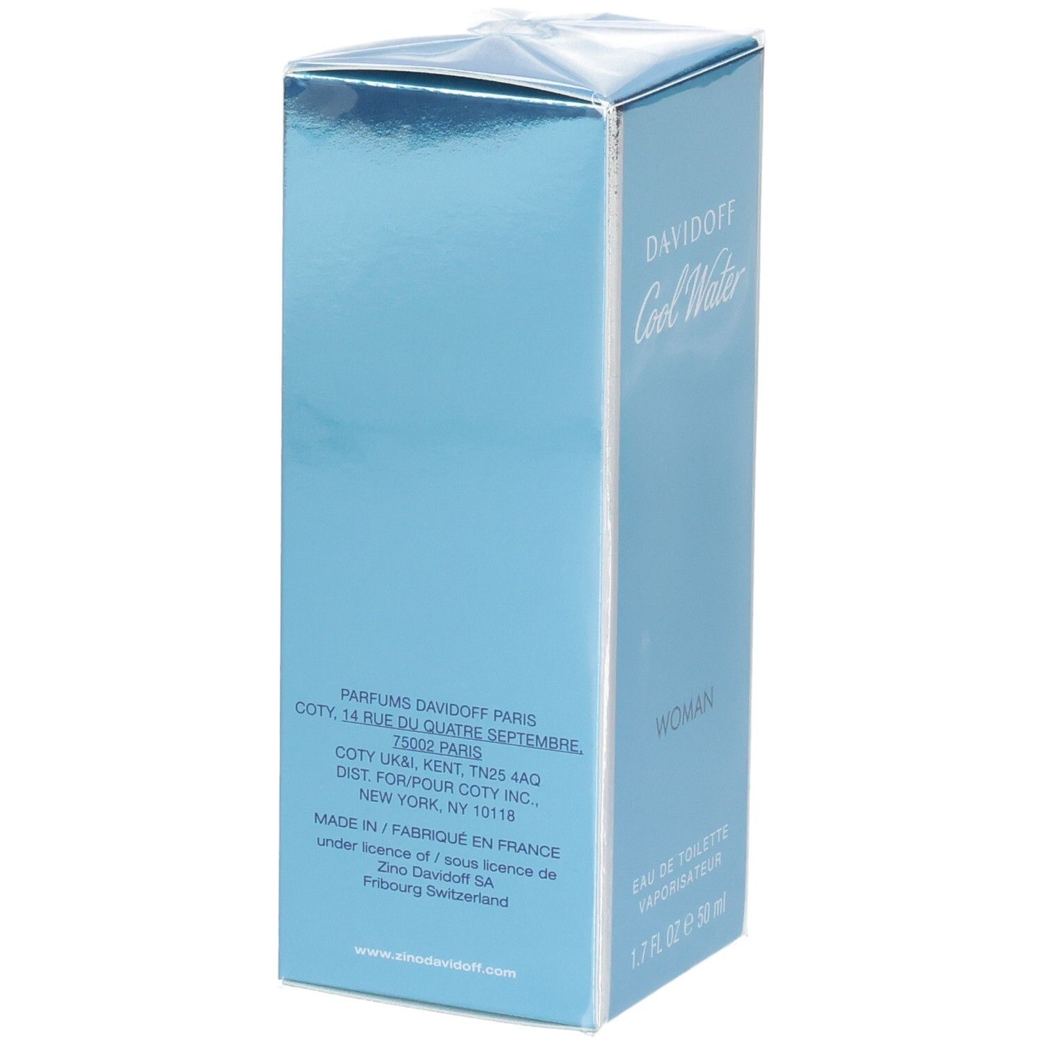 Davidoff Cool Water Woman Eau de Toilette 50 ml Verpackung, Rückseite mit Herstellerangaben.