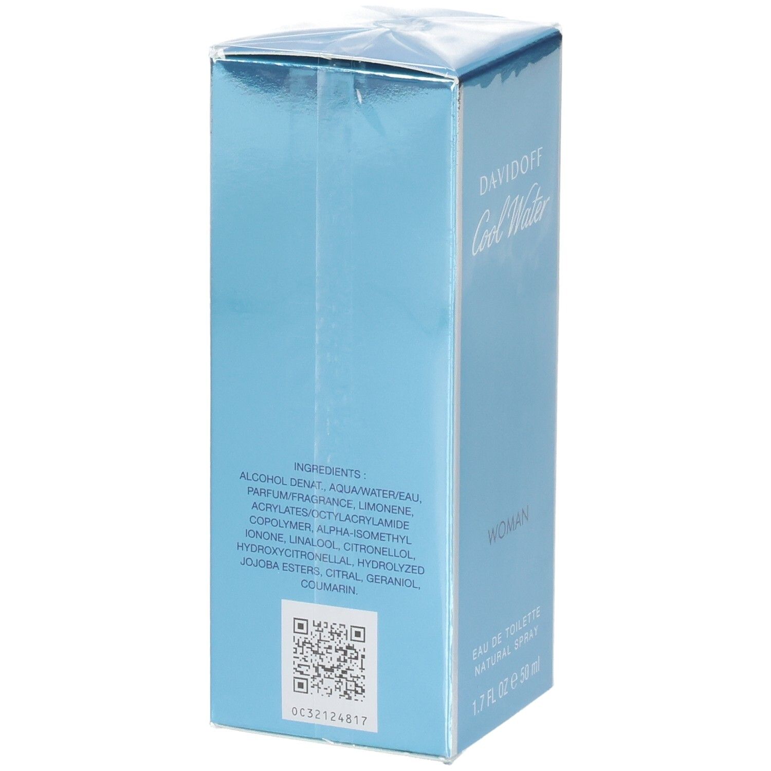 Davidoff Cool Water Woman Eau de Toilette 50 ml Verpackung, Seite mit Inhaltsstoffen.