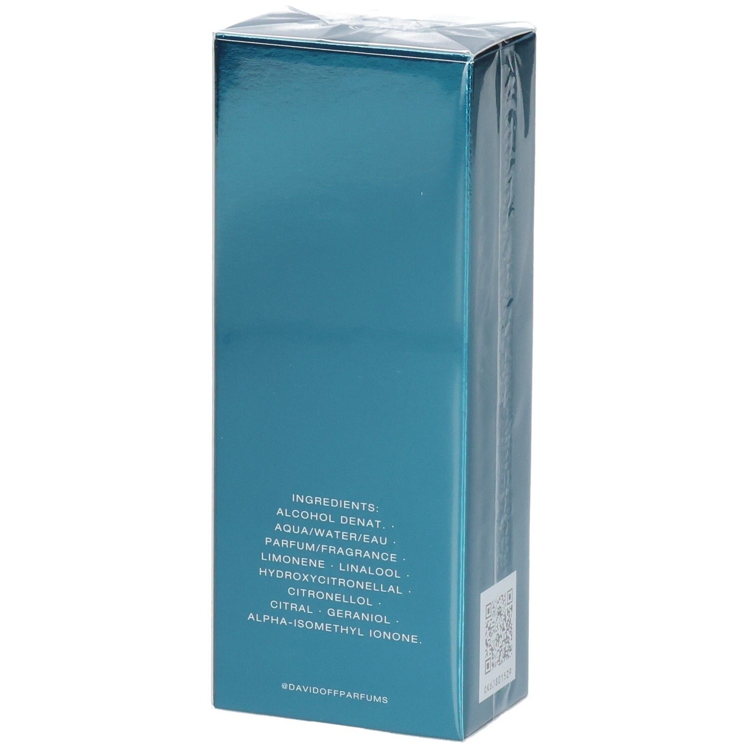 Rückseite der Davidoff Cool Water Eau de Toilette Verpackung mit Inhaltsstoffen.