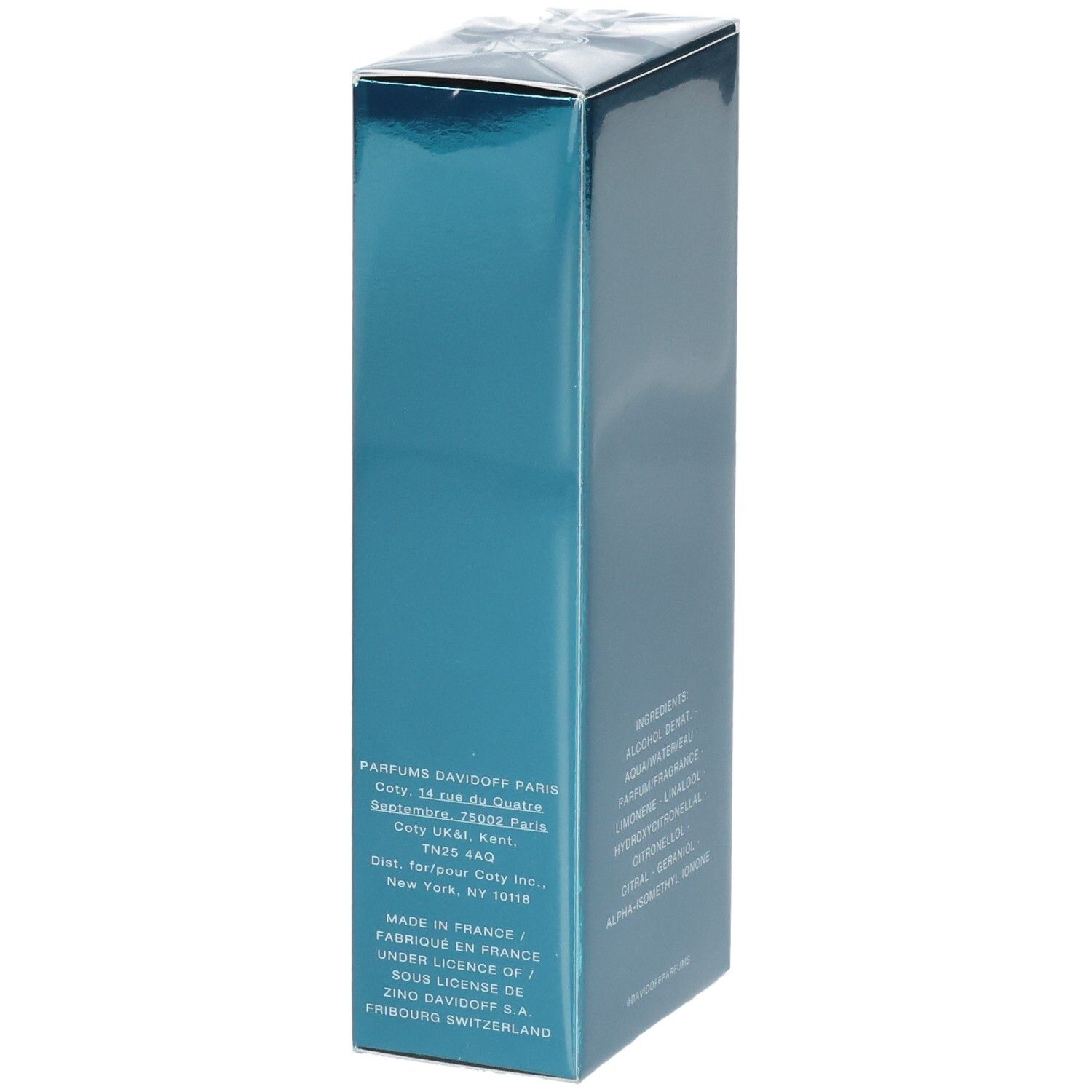 Seite der Davidoff Cool Water Eau de Toilette Verpackung mit Herstellungsangaben.