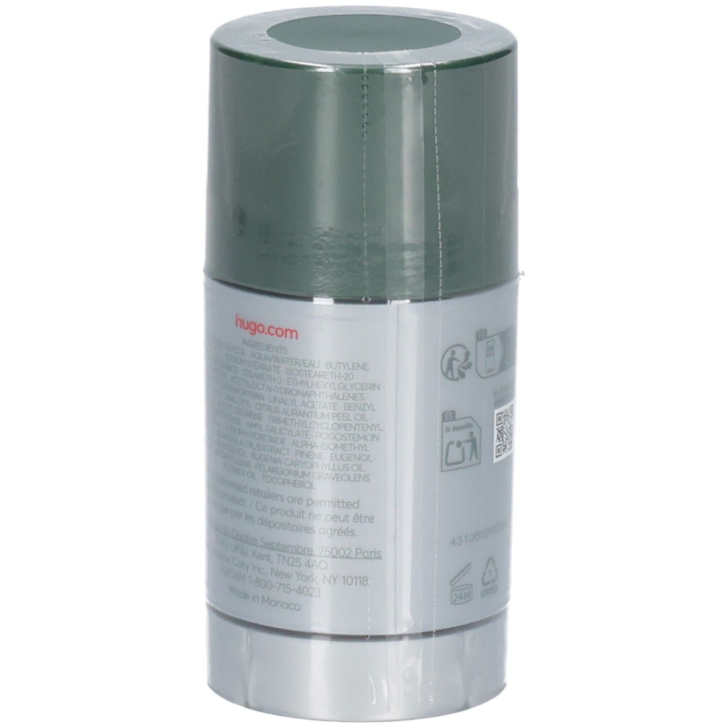 Seite des Hugo Boss Man Deodorant Sticks mit Inhaltsstoffen und Website.