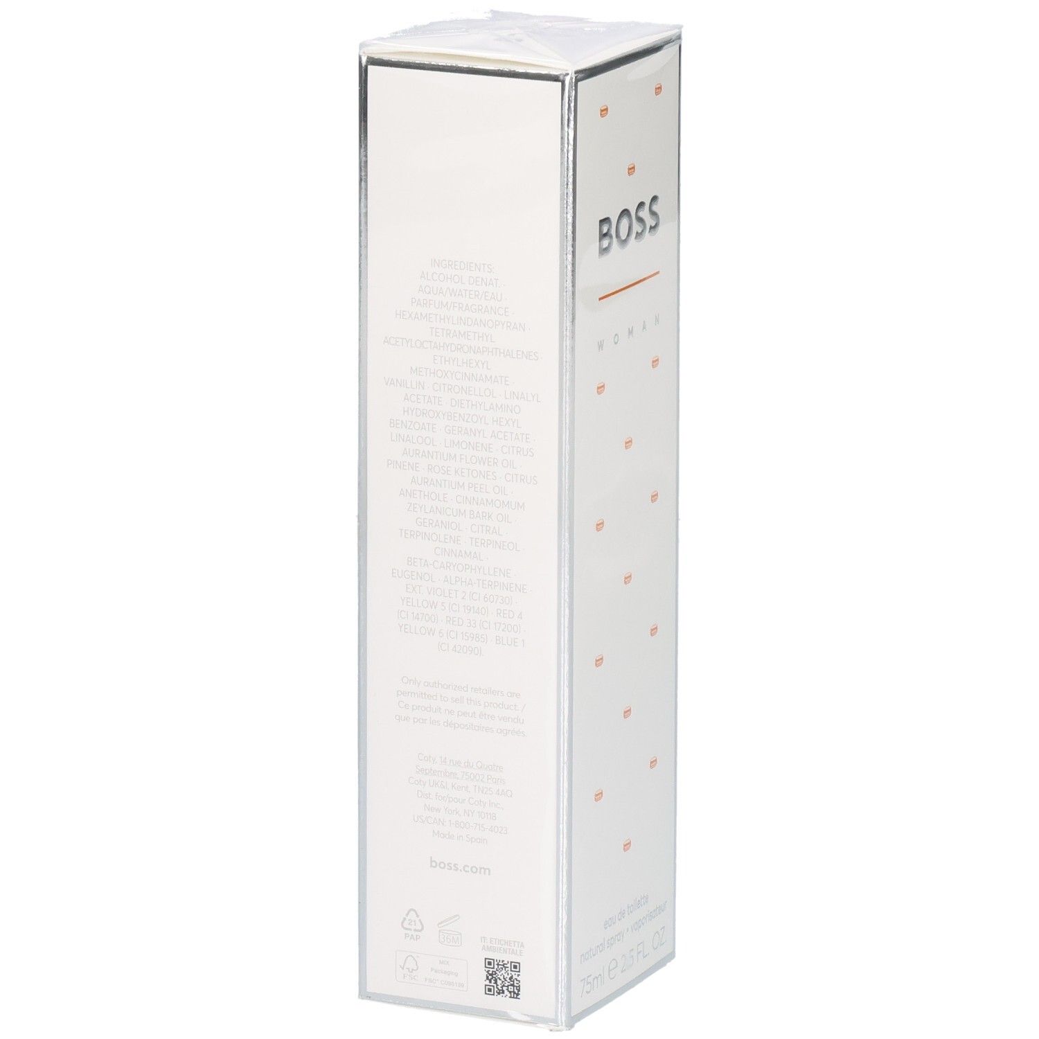 Hugo Boss Orange Woman Eau de Toilette Kartonverpackung, Rückseite mit Inhaltsstoffen.