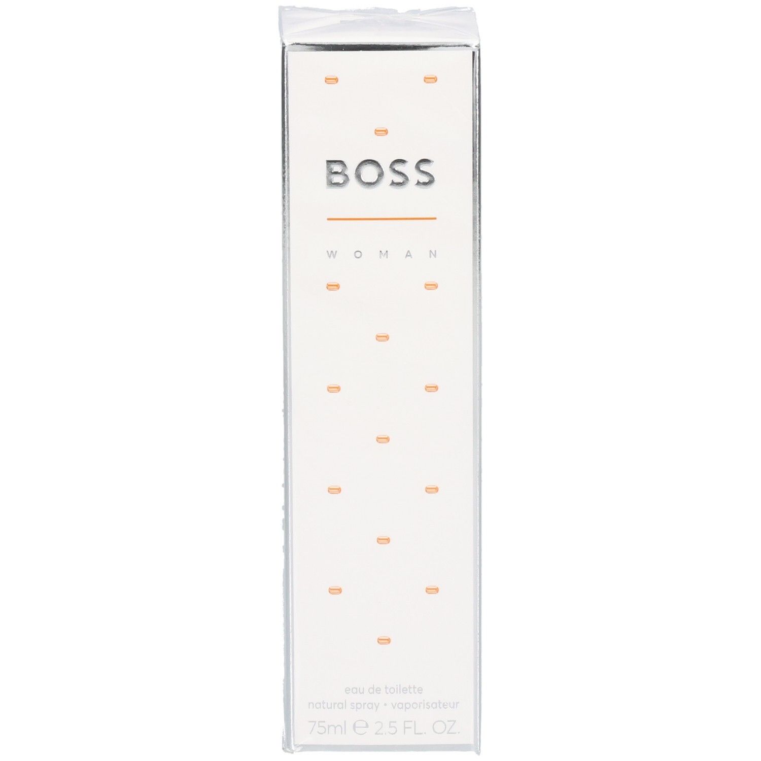 Hugo Boss Orange Woman Eau de Toilette Kartonverpackung, Vorderseite mit Logo und Duftbezeichnung.