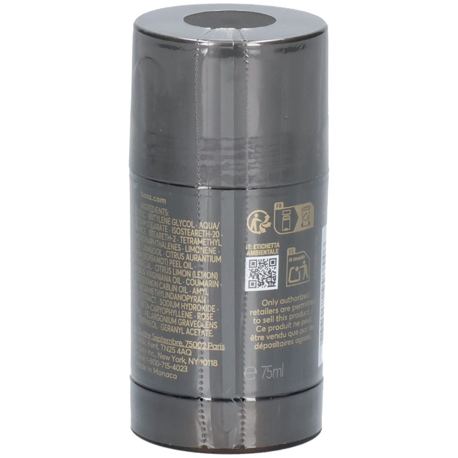 Seite des Hugo Boss The Scent Deodorant Sticks mit Inhaltsstoffen und 75ml Angabe.