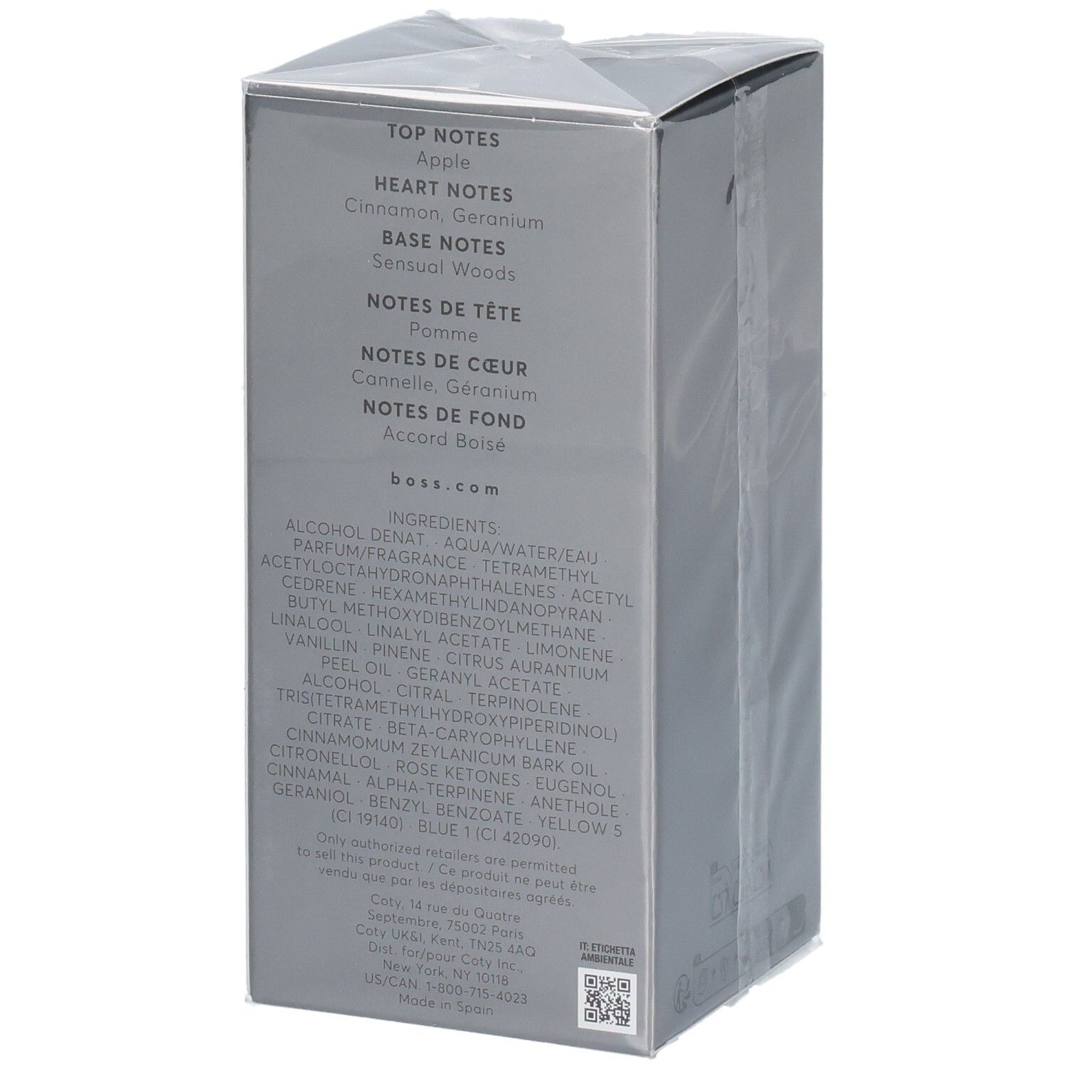 Rückseite der Verpackung mit Inhaltsstoffen und Noten von BOSS Bottled Eau de Toilette.