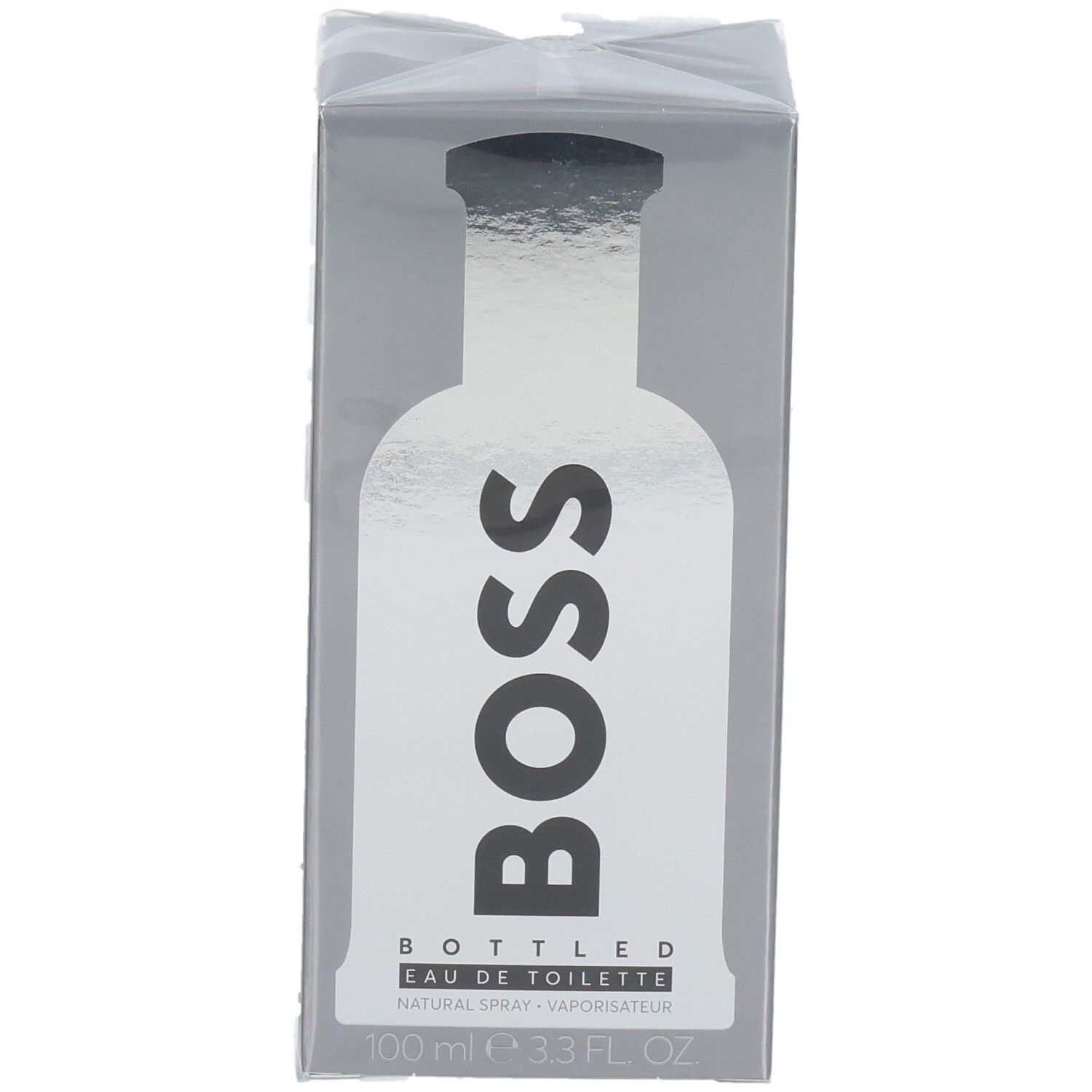 Vorderseite der Verpackung von BOSS Bottled Eau de Toilette mit Flaschenabbildung.
