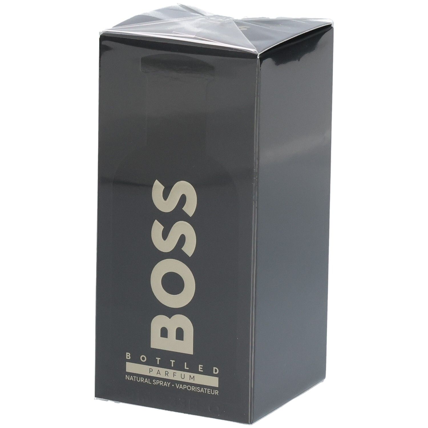 Schwarze Verpackung von Boss Bottled Parfum mit goldener Schrift.