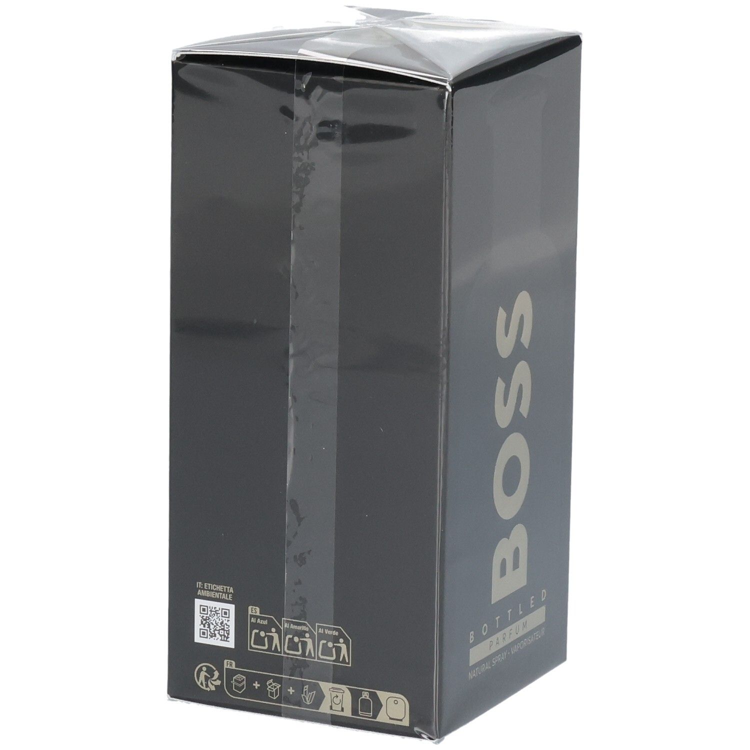 Schwarze Verpackung von Boss Bottled Parfum mit goldener Schrift und Symbolen.
