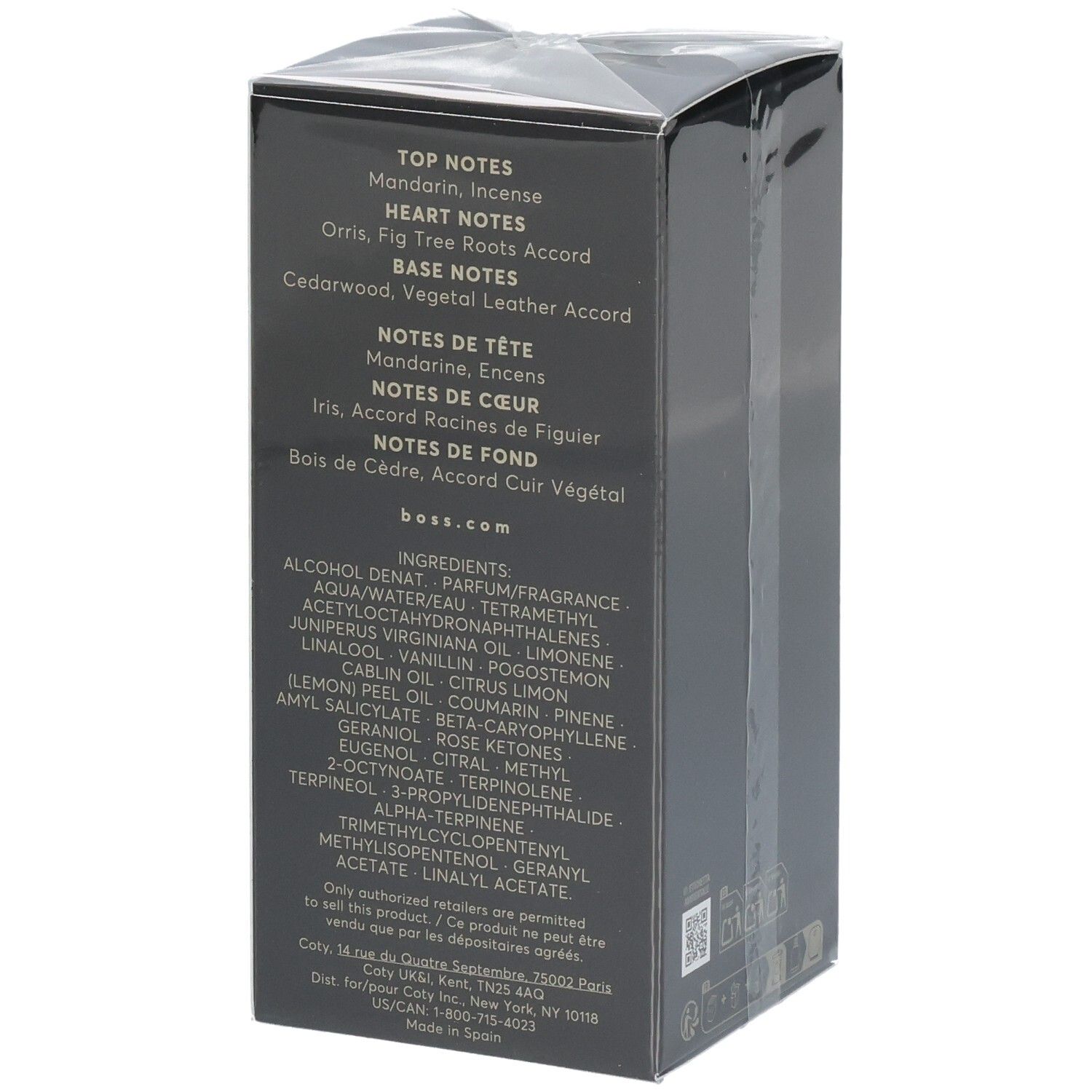 Rückseite der Boss Bottled Parfum Verpackung mit Duftnoten und Inhaltsstoffen.