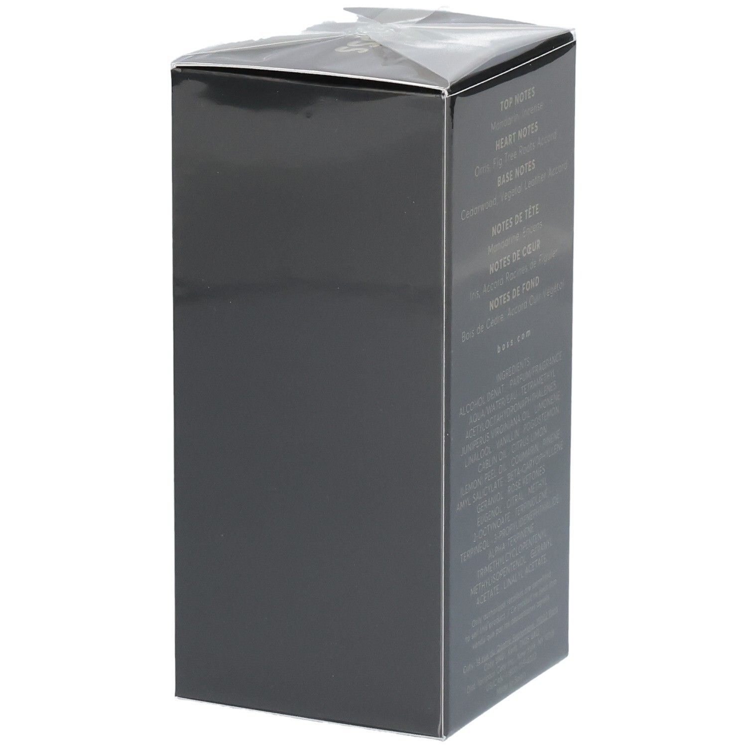 Seite der Boss Bottled Parfum Verpackung mit Duftnoten und Inhaltsstoffen.