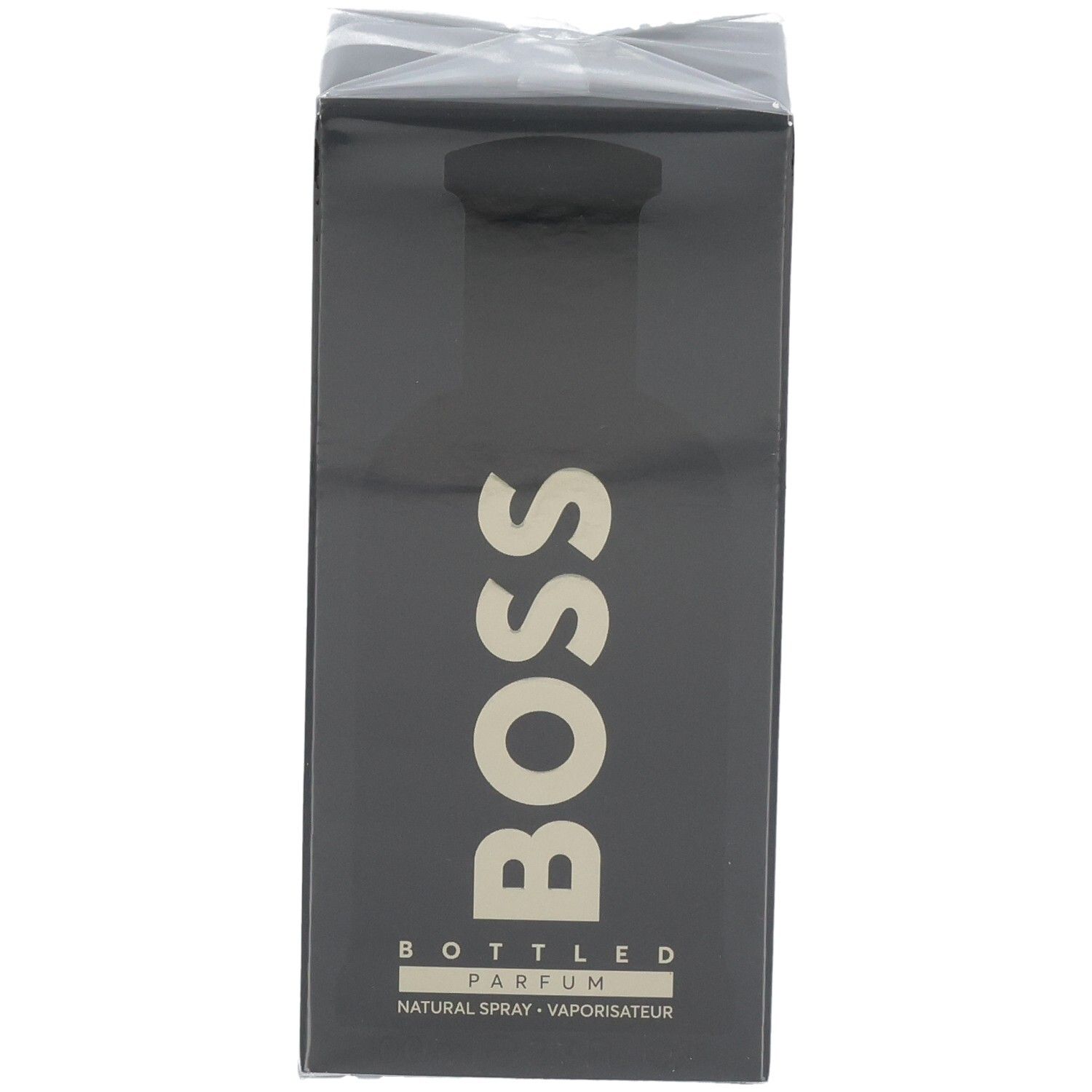 Schwarze Verpackung von Boss Bottled Parfum mit goldener Schrift.