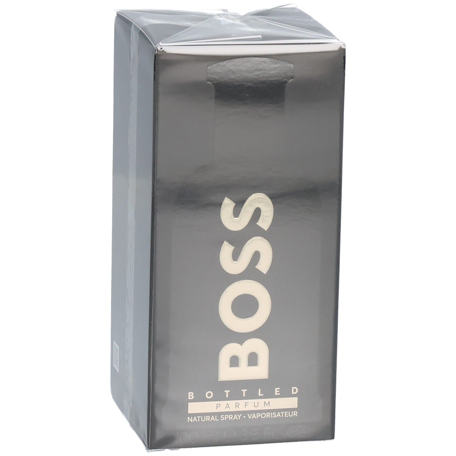 Schwarze Verpackung von Boss Bottled Parfum mit goldener Schrift.