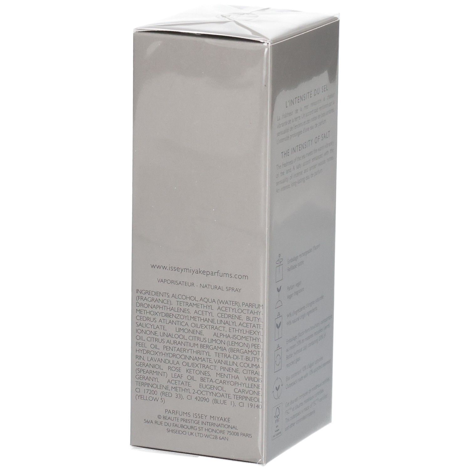 Issey Miyake Le Sel d'Issey Eau de Parfum Kartonverpackung, Inhaltsstoffangaben.