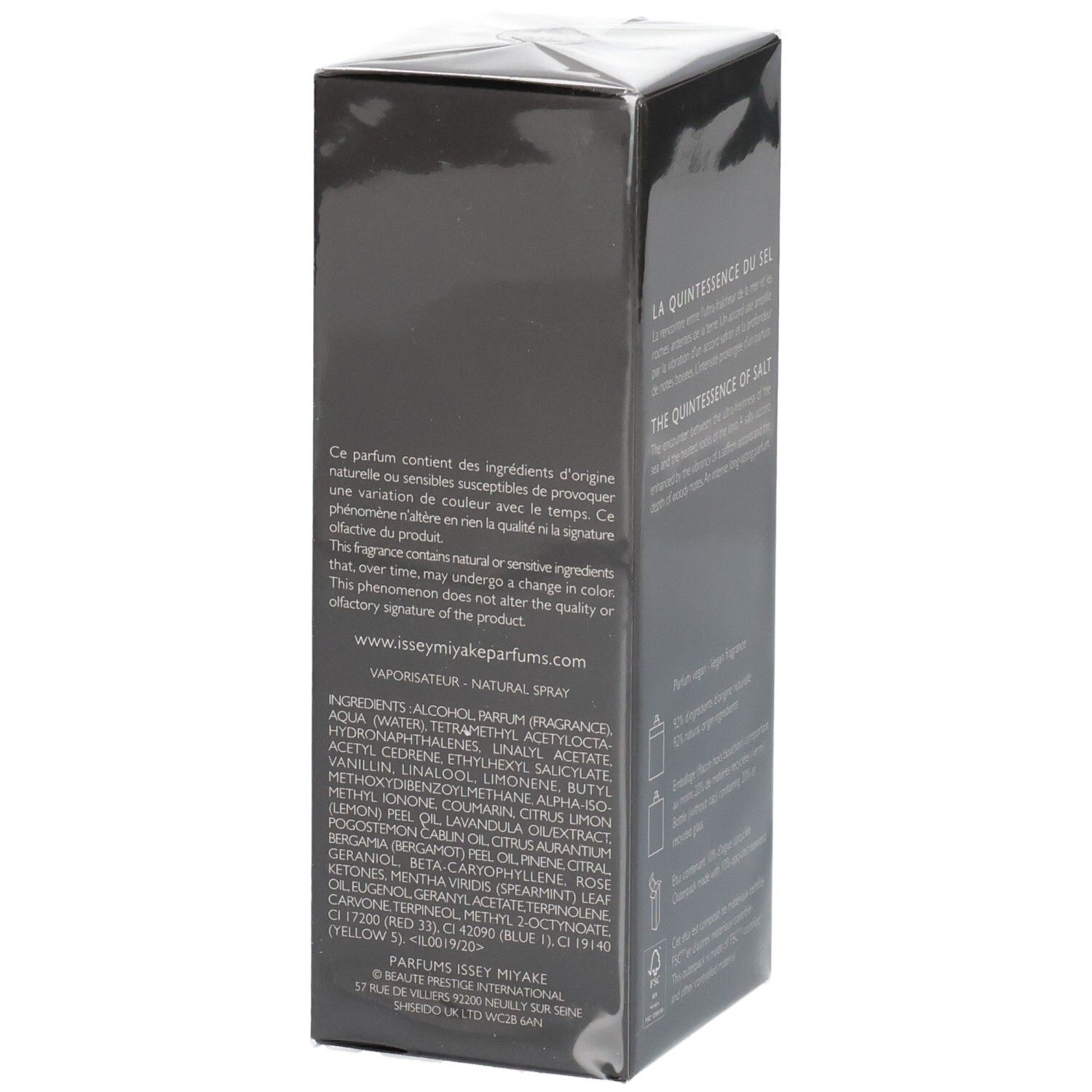 Issey Miyake Le Sel d'Issey Parfum emballage, côté avec ingrédients.